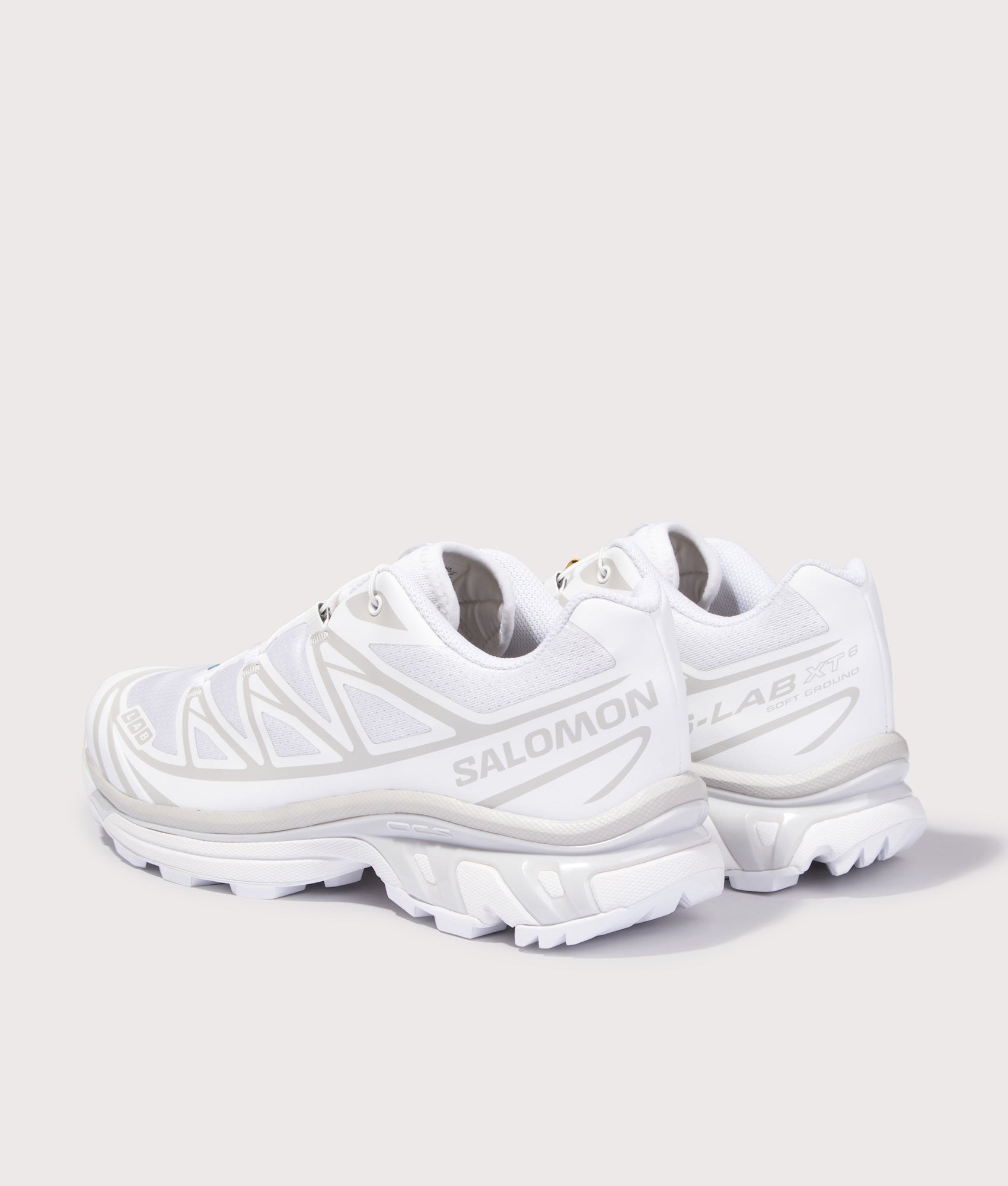 SALOMON XT-6 in White and Lunar Rock at EQVVS Menswear. Angled back shot.