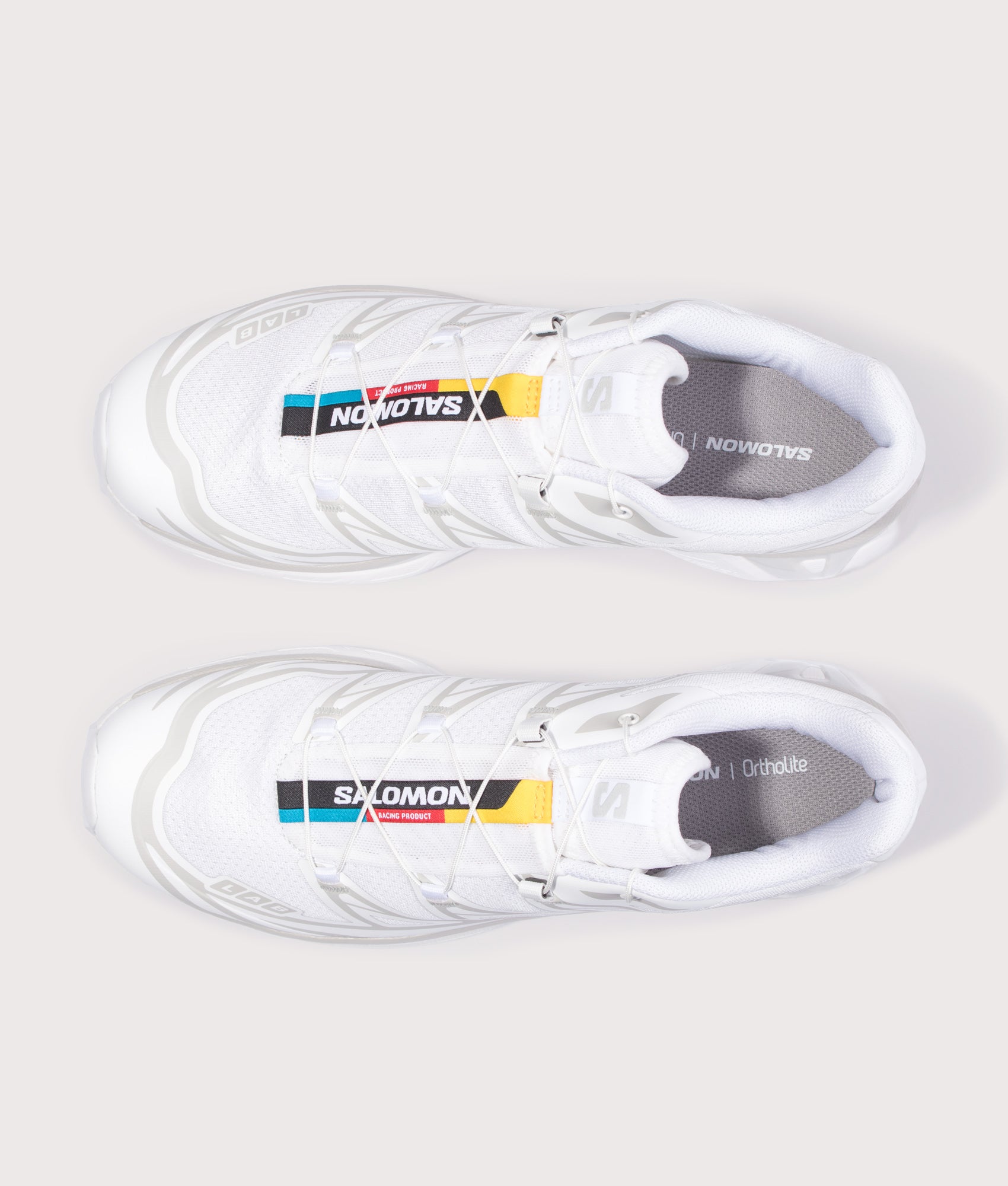 SALOMON XT-6 in White and Lunar Rock at EQVVS Menswear. Top shot.