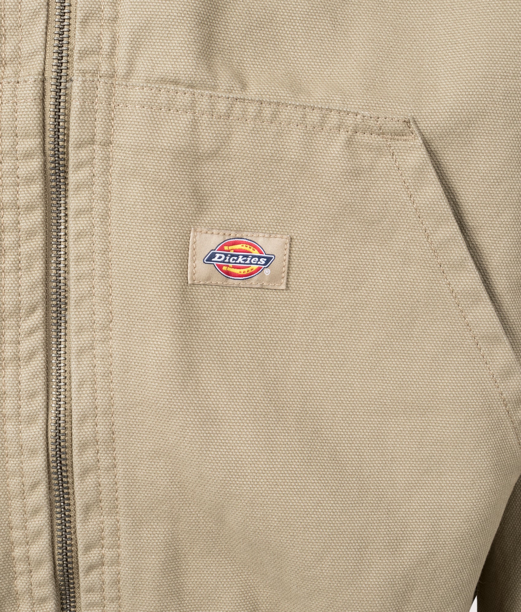 Dc Hooded Lightweight Jacket in Sandstone by Dickies. EQVVS Detail Shot.