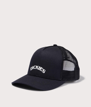 Dickies Shawsville Trucker Cap in Black. Front side angle shot at EQVVS.