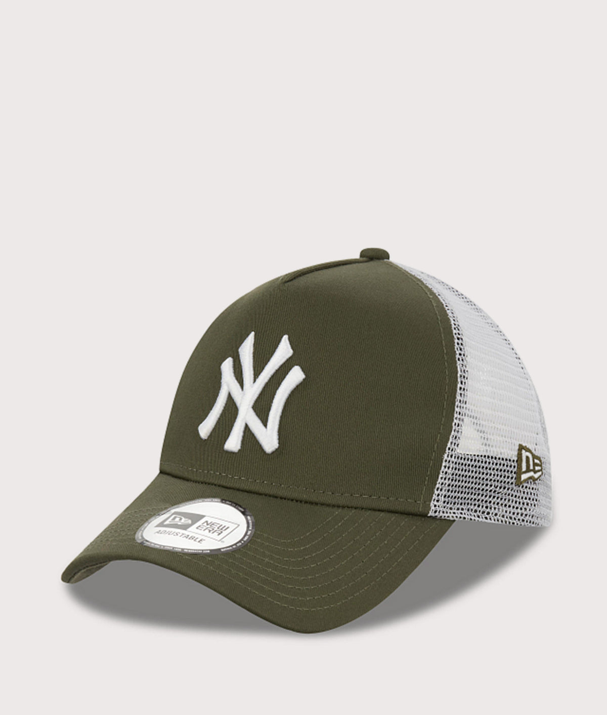 New Era New York Yankees A-Frame Trucker Cap in Khaki at EQVVS Menswear. Angled front shot.