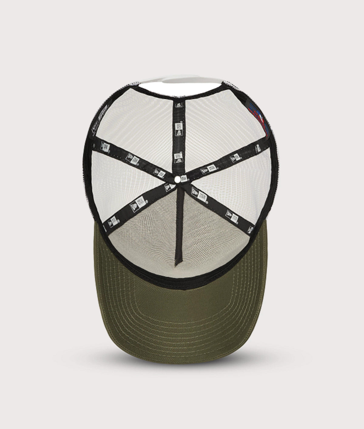 New Era New York Yankees A-Frame Trucker Cap in Khaki at EQVVS Menswear. Inside shot.
