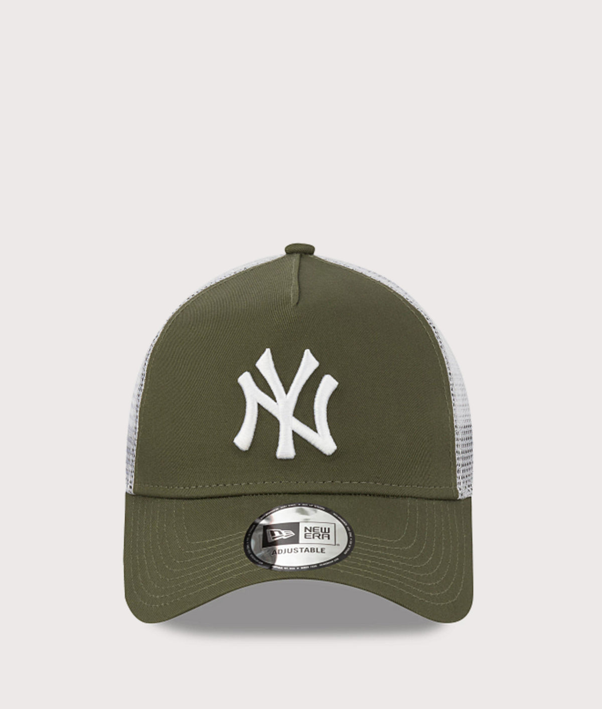 New Era New York Yankees A-Frame Trucker Cap in Khaki at EQVVS Menswear. Front shot.