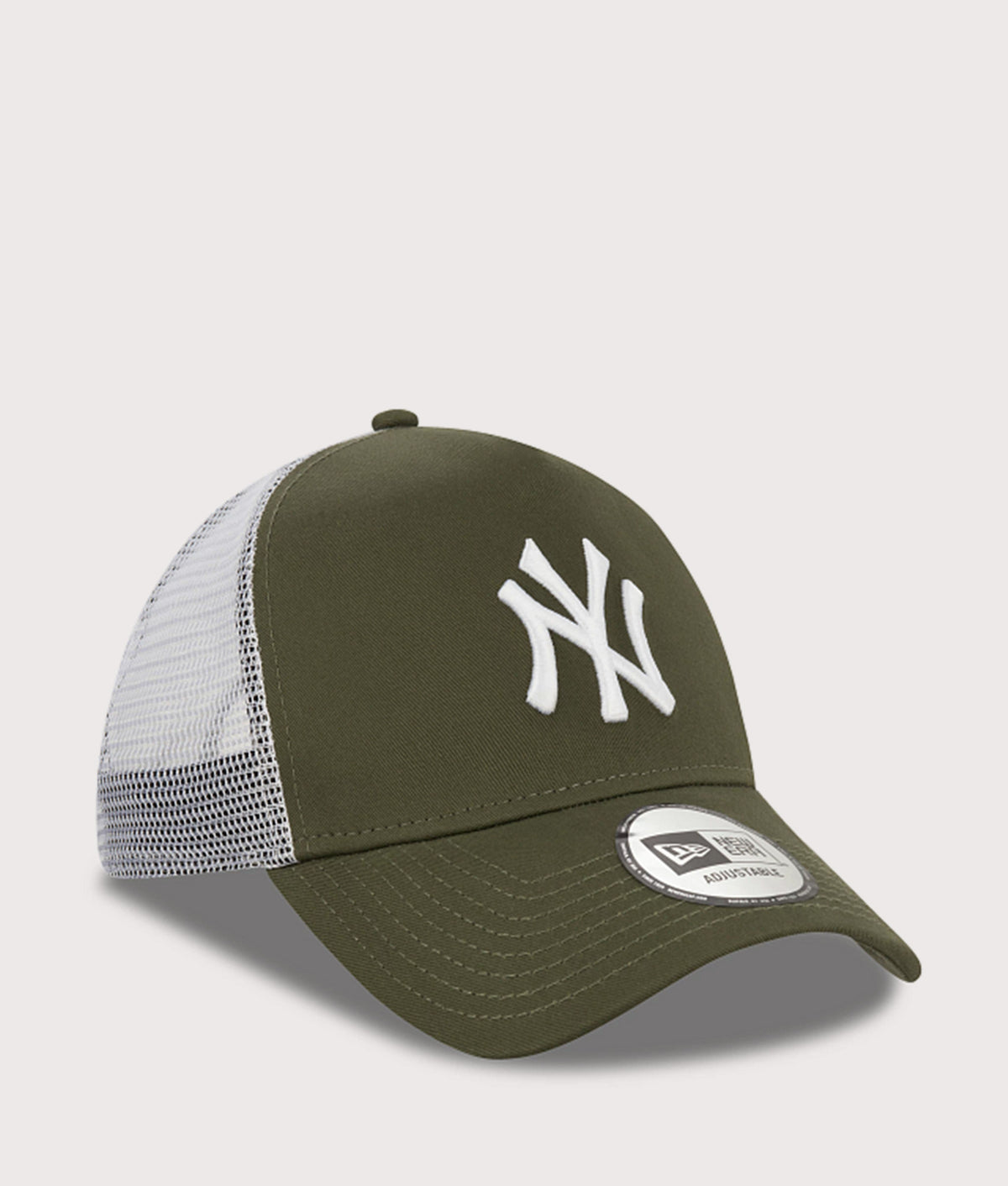 New Era New York Yankees A-Frame Trucker Cap in Khaki at EQVVS Menswear. Angled front shot.