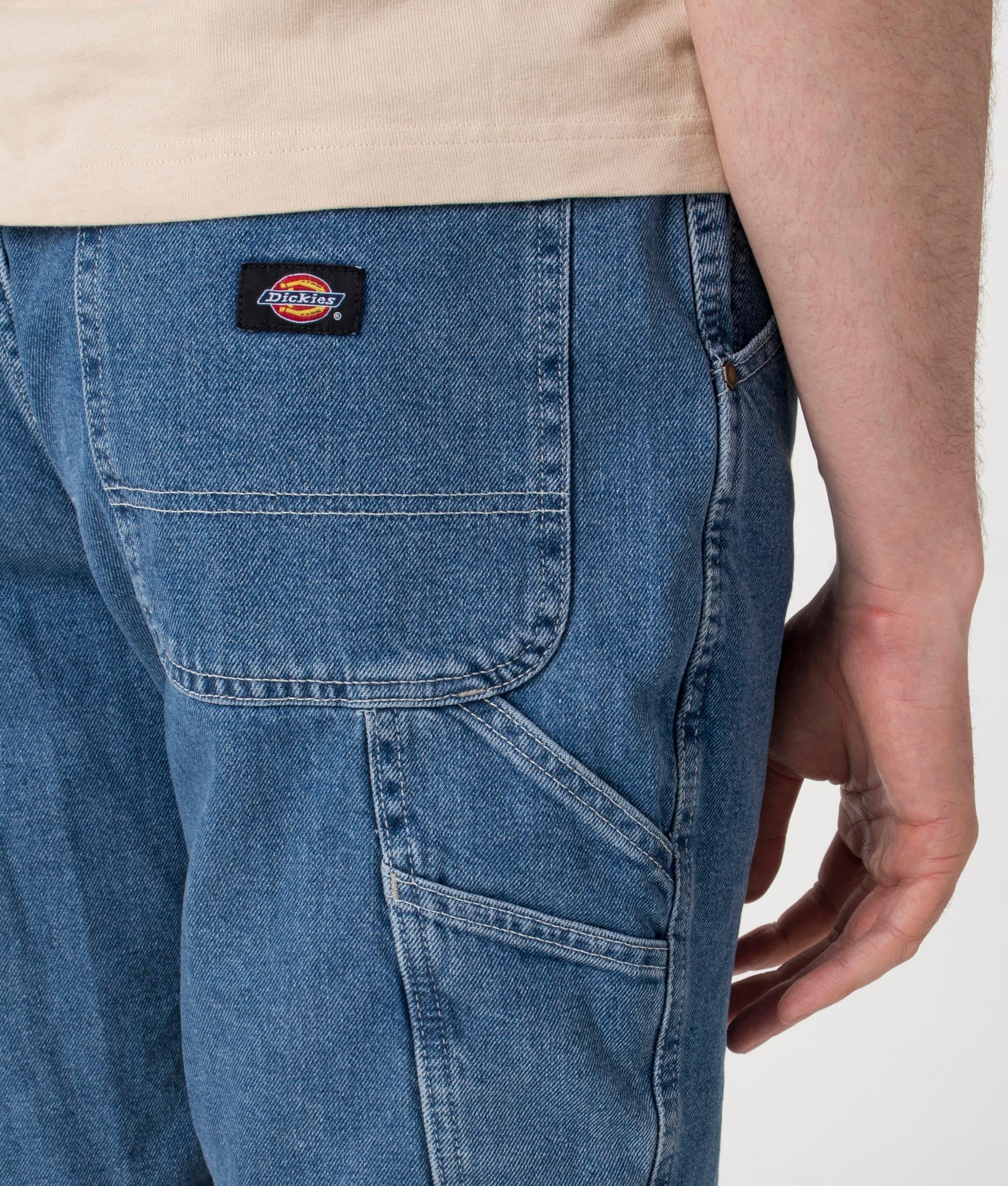 Dickies  Garyville Denim Shorts in Classic Blue . Shot at EQVVS.  Back detail model shot 