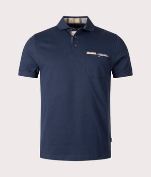 Barbour Corpatch Polo in Navy with Tartan Tipping Front Shot at EQVVS