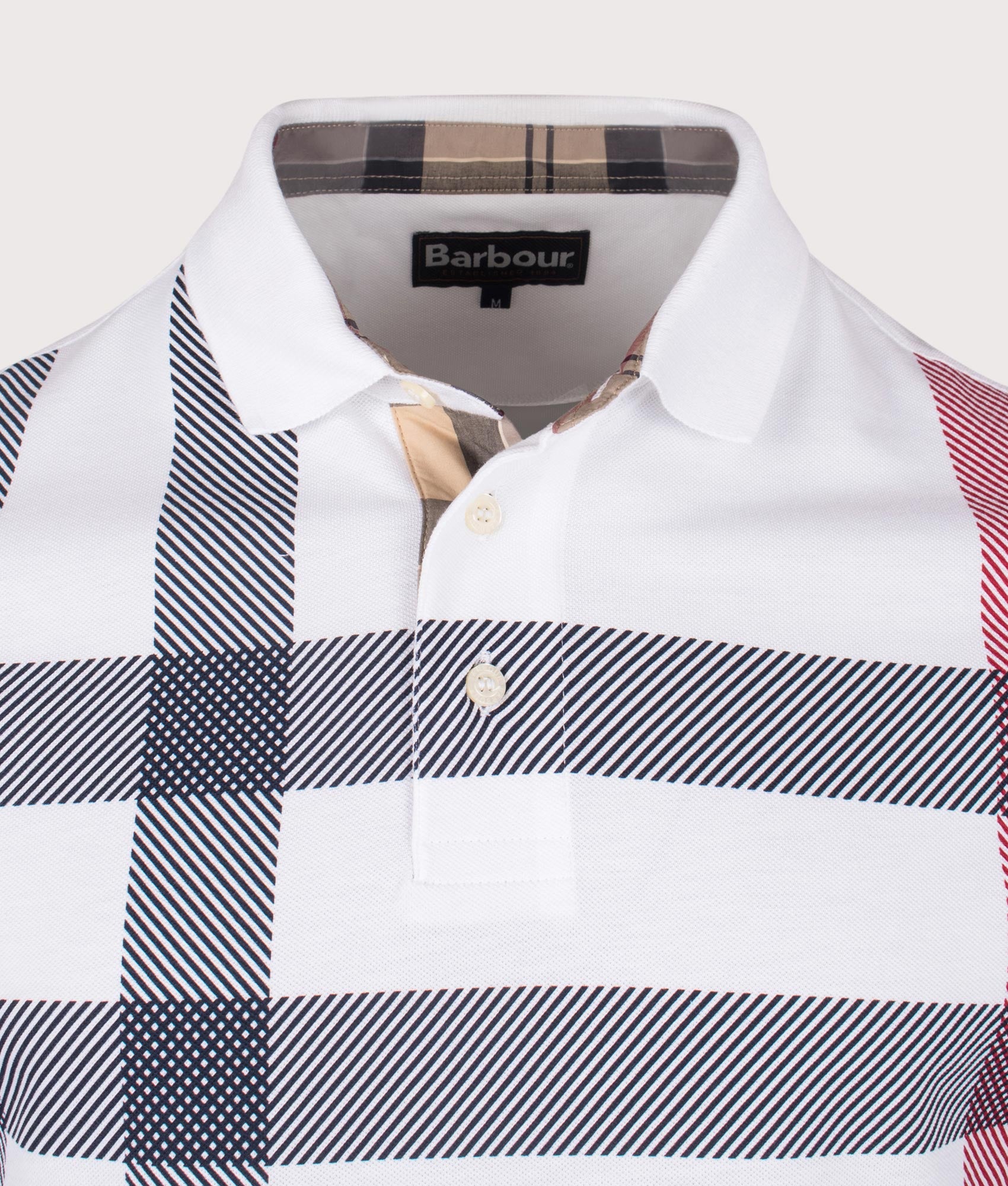 Barbour Blaine Polo Shirt in White at EQVVS Menswear. Detail shot. 