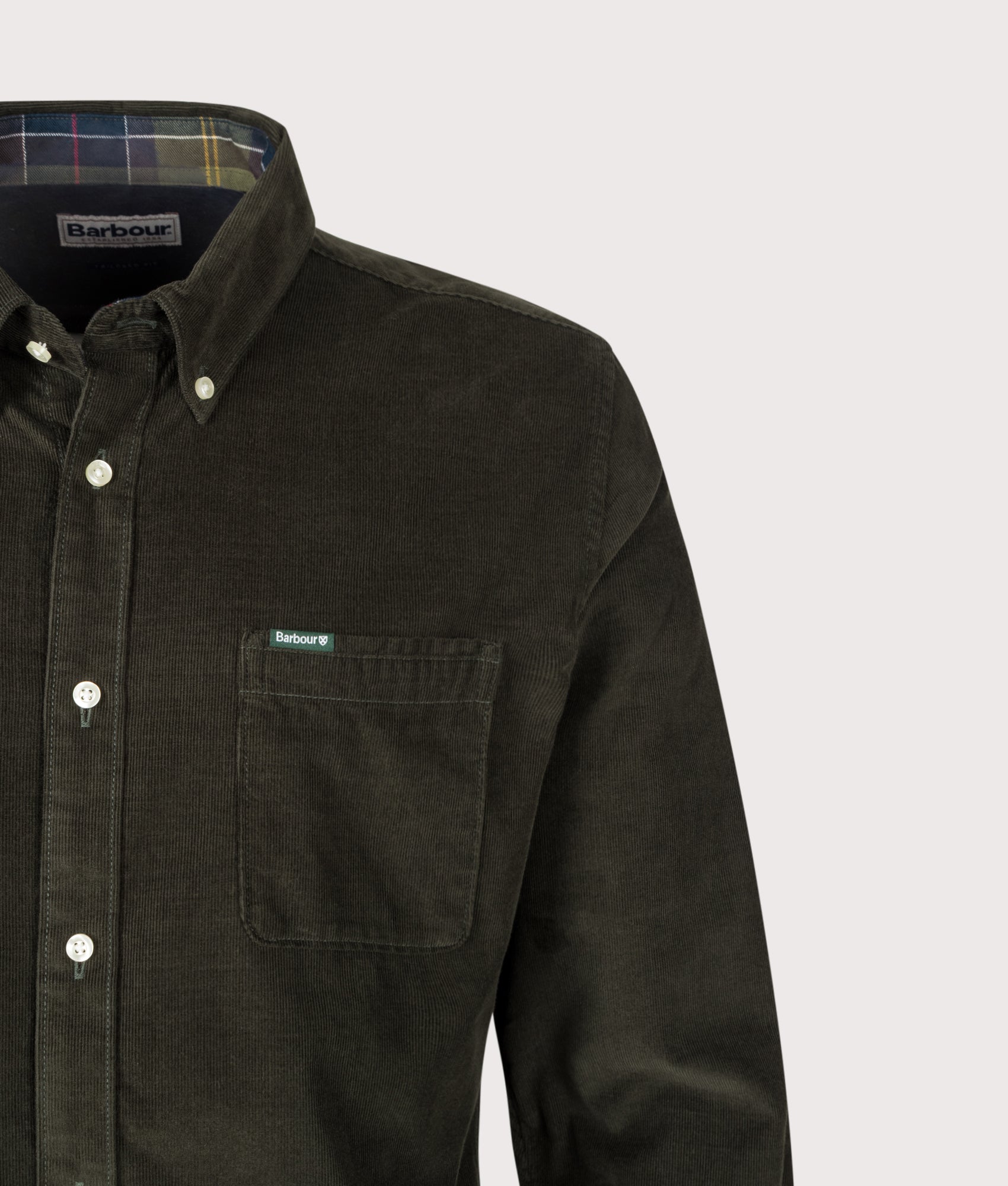 Barbour Lifestyle Ramsey Tailored Shirt in Forest at EQVVS Menswear. Detail shot.