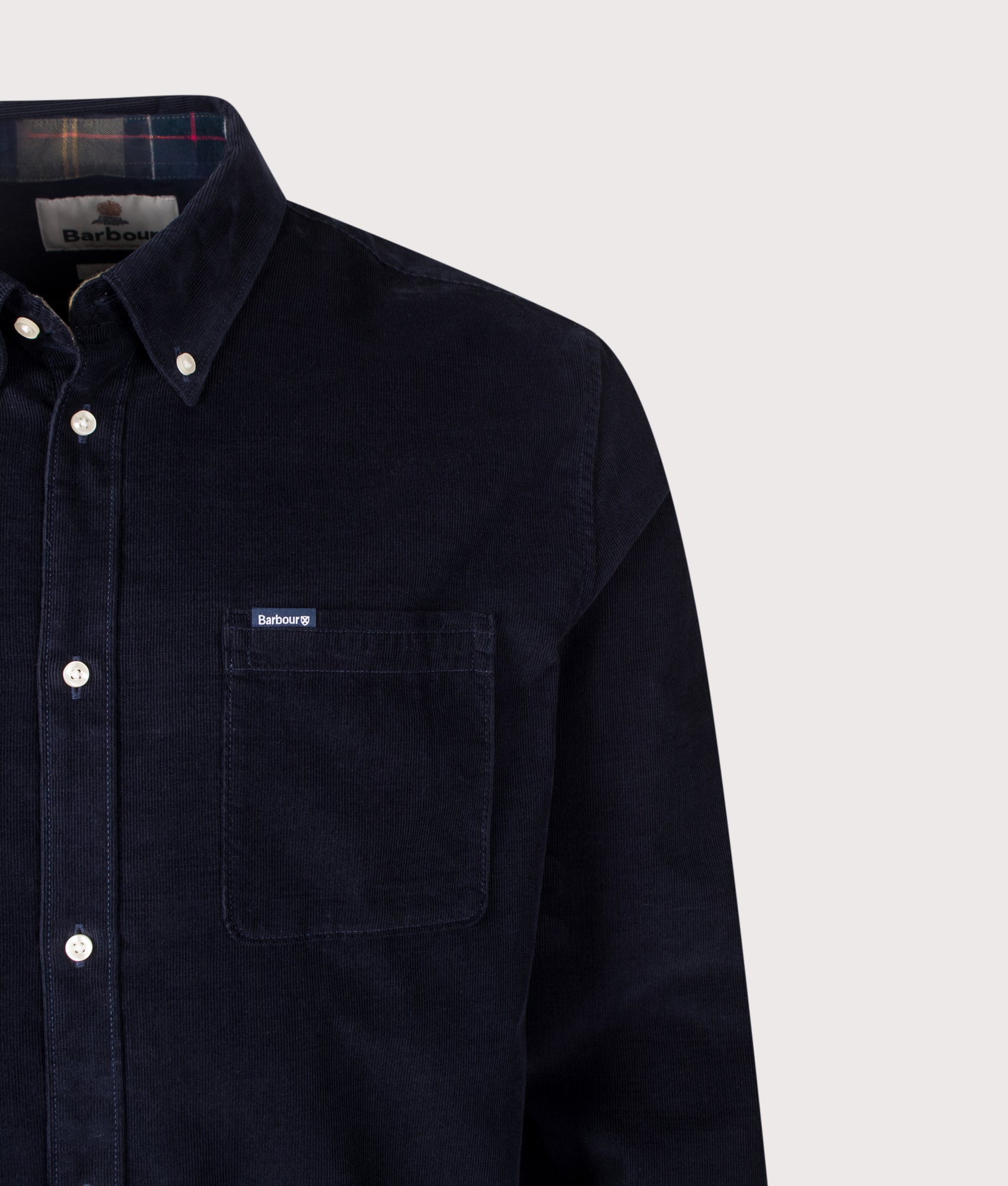 Barbour Lifestyle Ramsey Tailored Shirt in Navy at EQVVS Menswear. Detail shot.