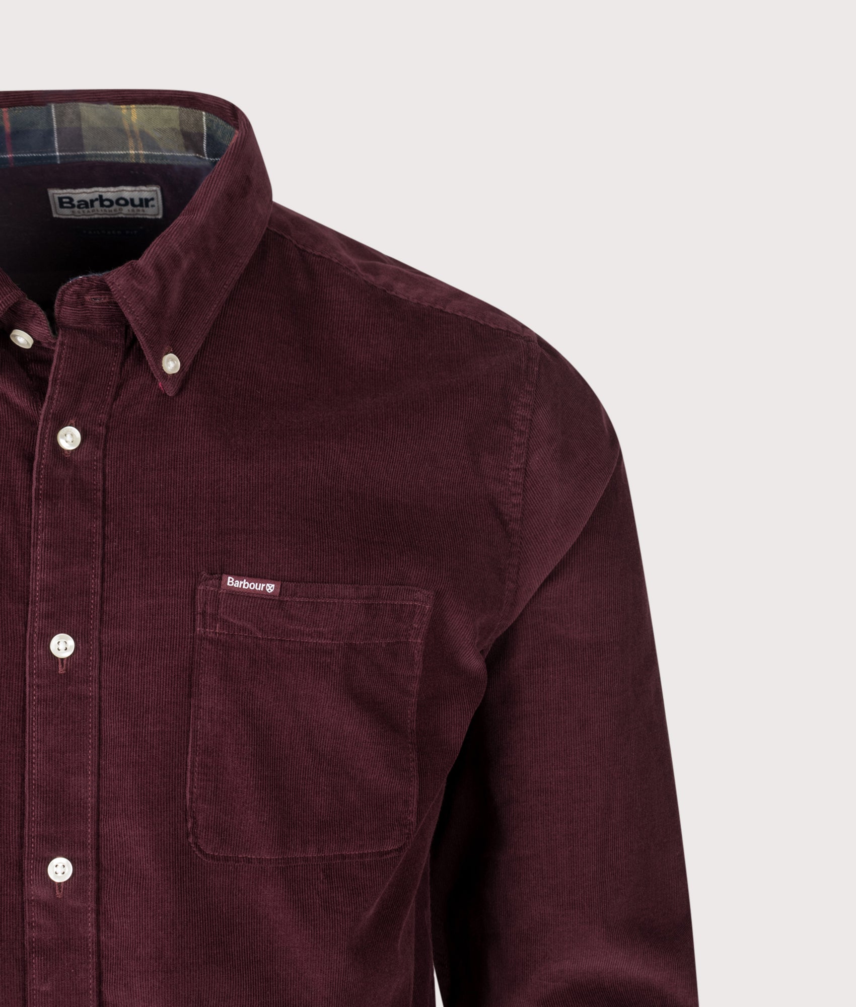 Barbour Lifestyle Ramsey Tailored Shirt in Winter Red at EQVVS Menswear. Detail shot.