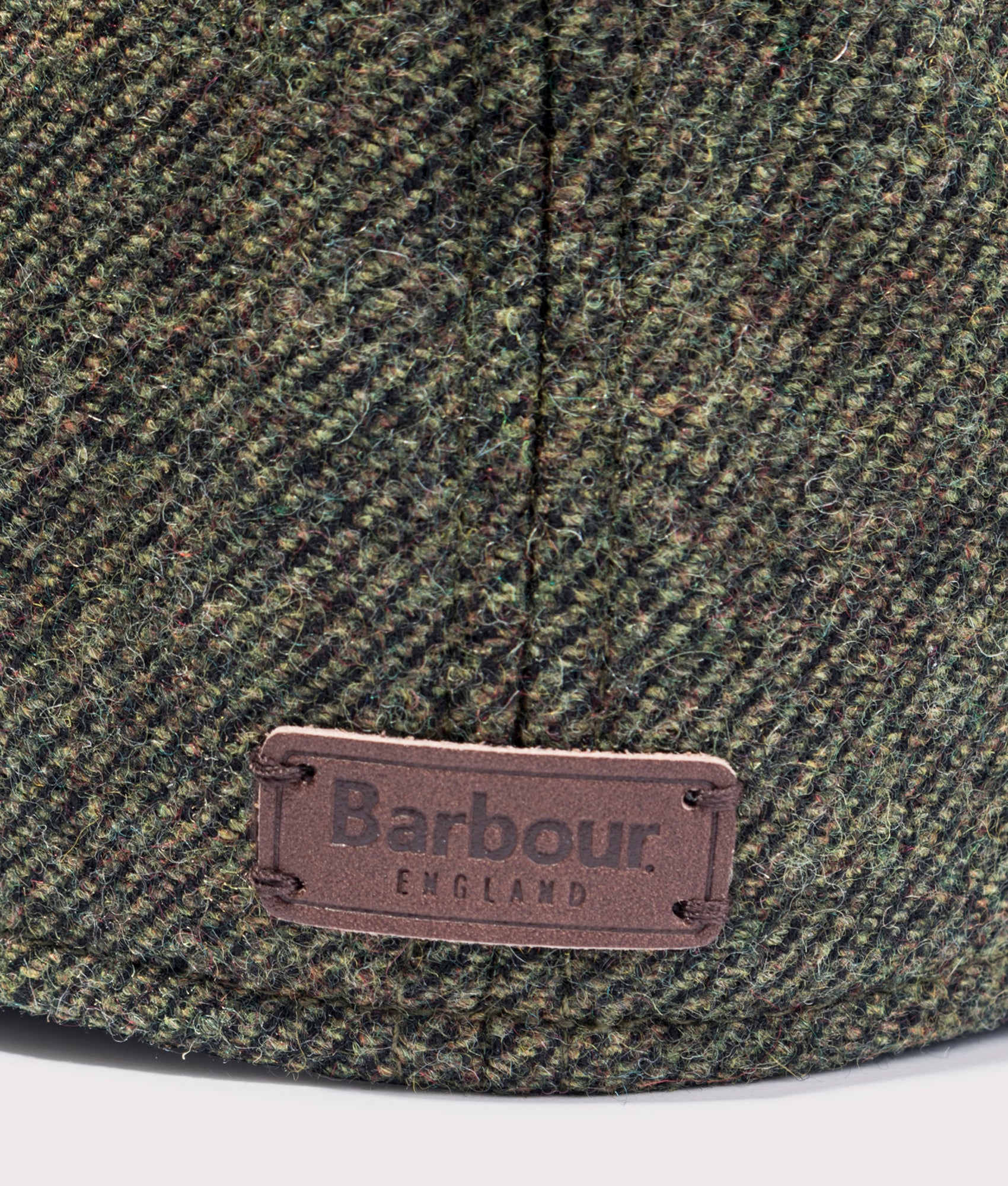 Barbour Lifestyle Claymore Bakerboy Cap in Olive Twill at EQVVS Menswear. Detail shot.