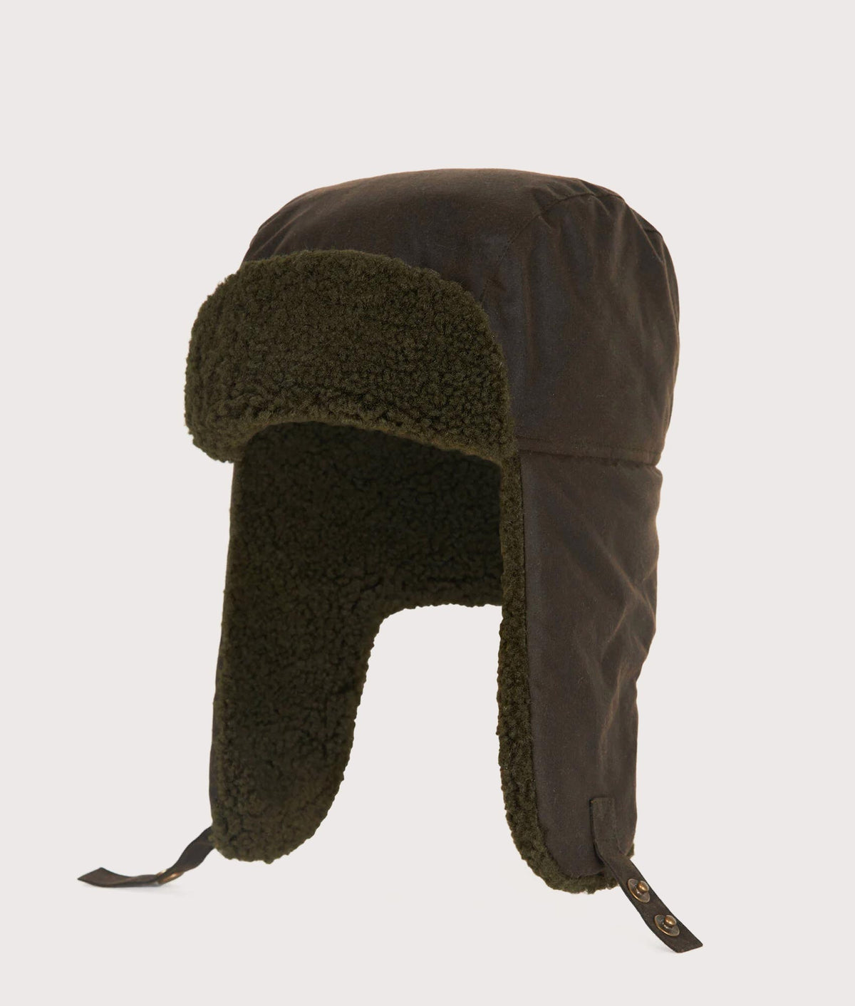 Barbour Lifestyle Morar Wax Trapper Hat in Olive a EQVVS Menswear. Angled front shot.