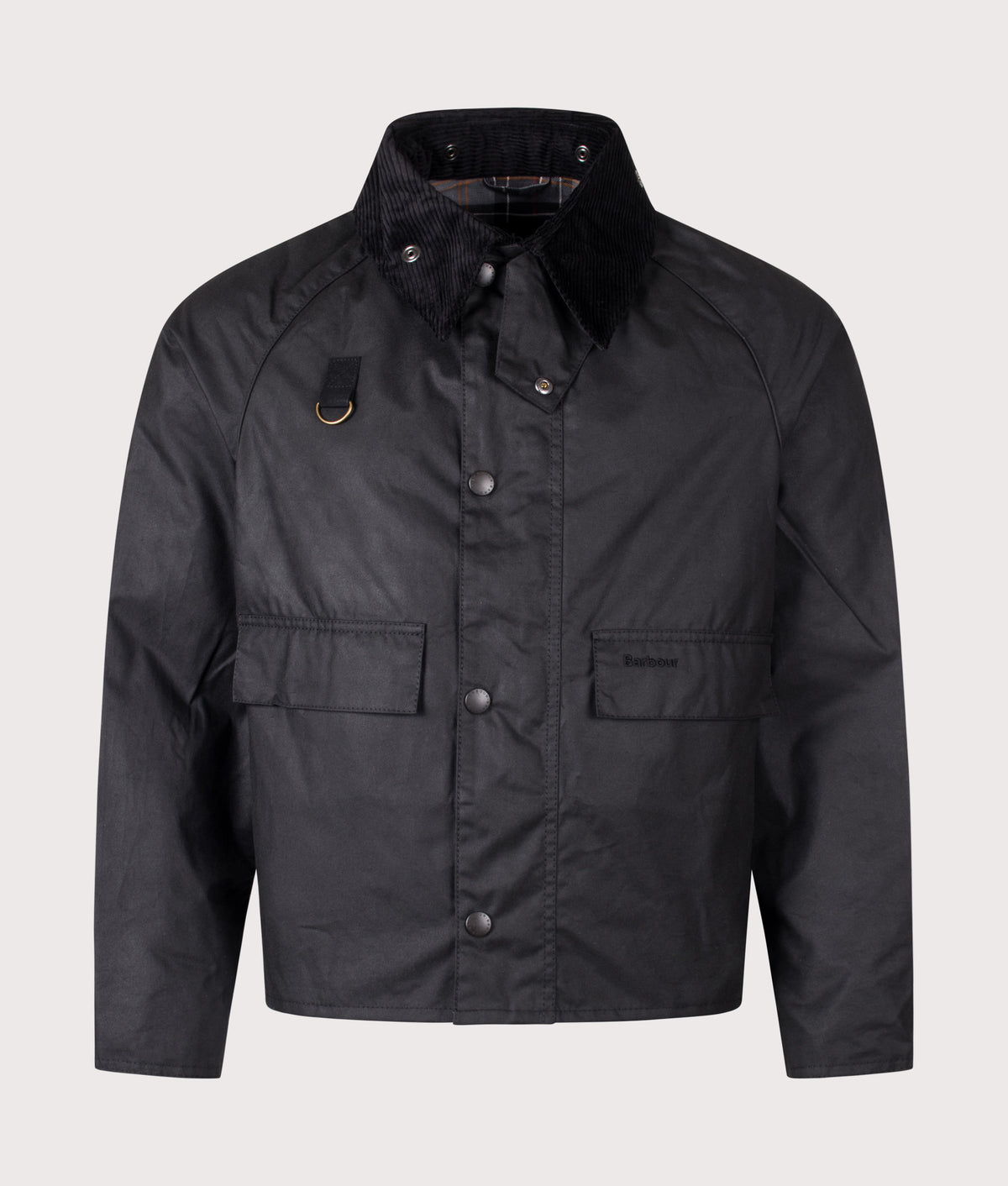 Barbour Lifestyle Cropped Spey Wax Jacket in Black at EQVVS Menswear. Front shot.