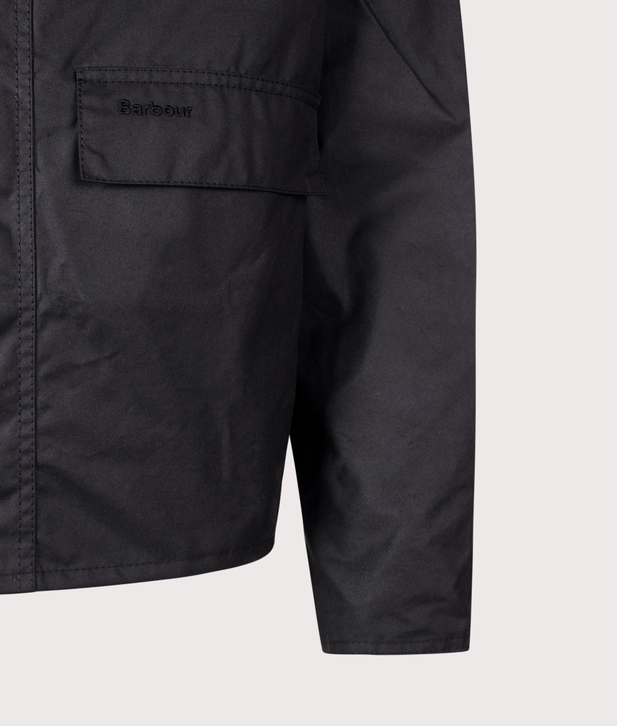 Barbour Lifestyle Cropped Spey Wax Jacket in Black at EQVVS Menswear. Detail shot.