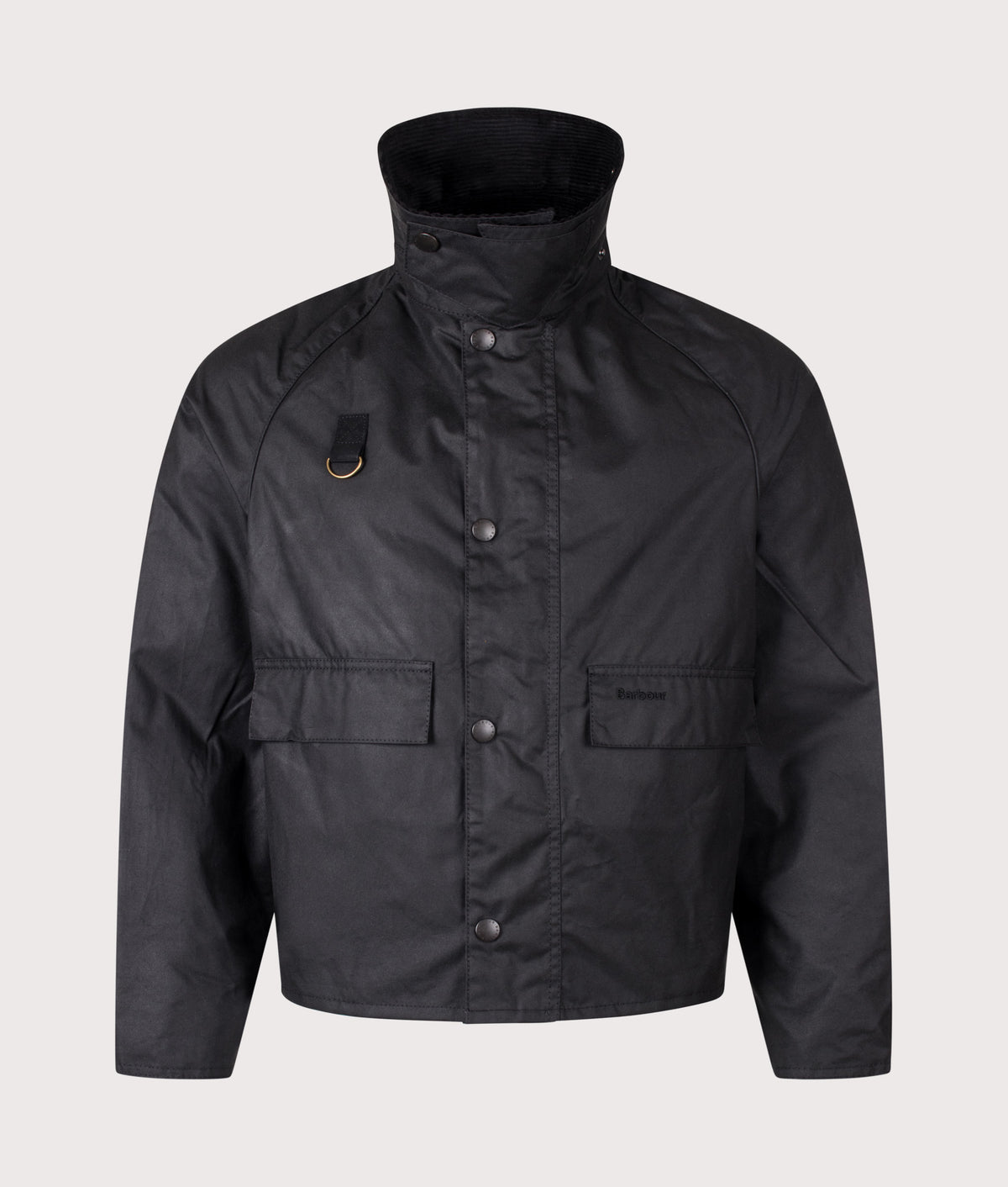Barbour Lifestyle Cropped Spey Wax Jacket in Black at EQVVS Menswear. Collar up shot.