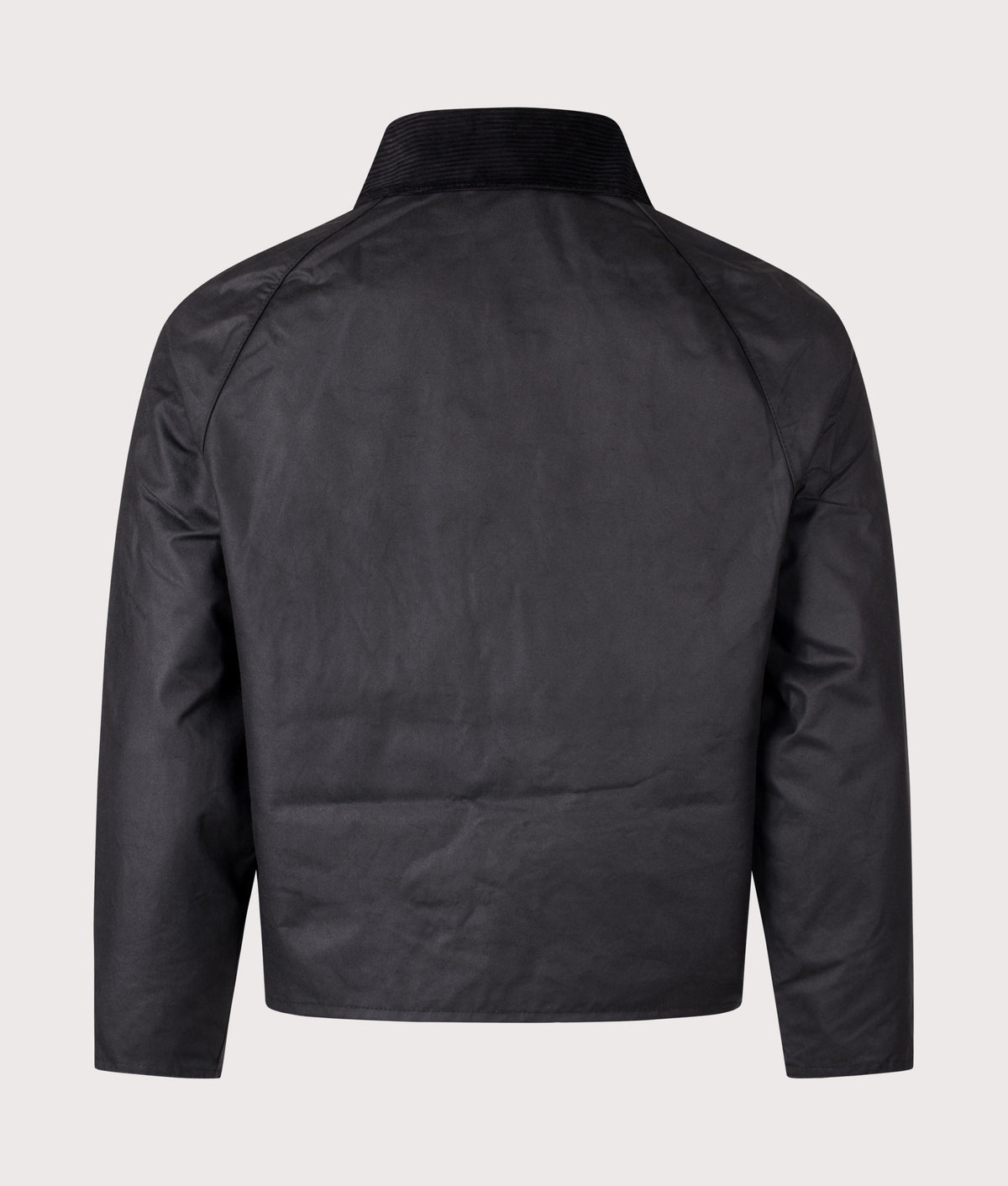 Barbour Lifestyle Cropped Spey Wax Jacket in Black at EQVVS Menswear. Back shot.