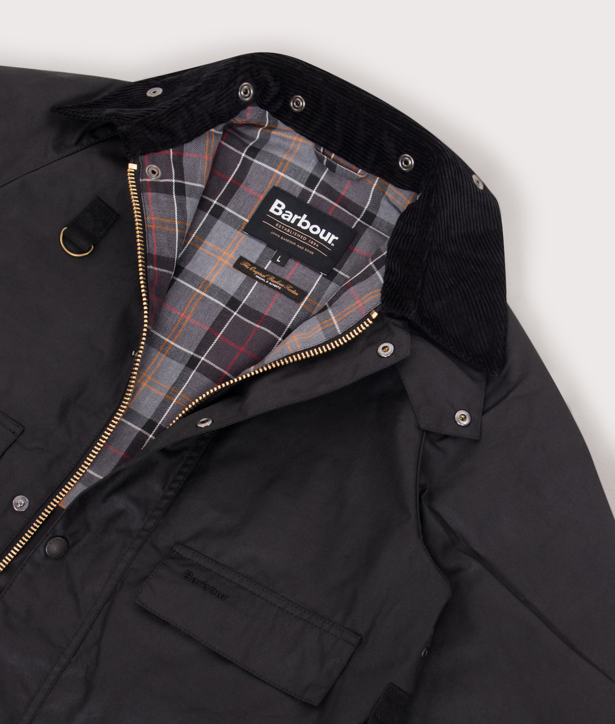 Barbour Lifestyle Cropped Spey Wax Jacket in Black at EQVVS Menswear. Lining shot.