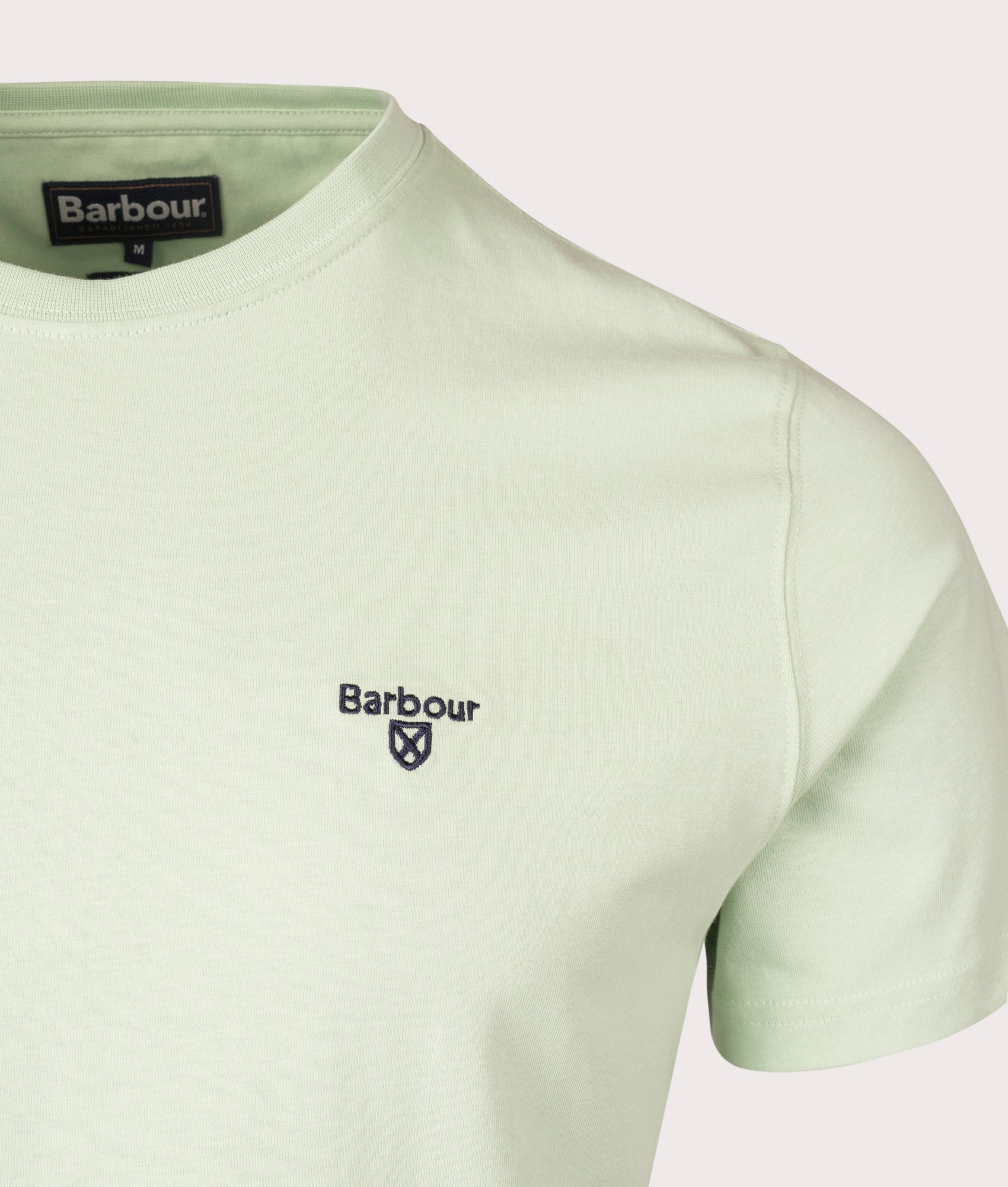 Barbour Lifestyle Essential Sports T-Shirt in Dusty Mint. Shot at EQVVS. Detail shot. 