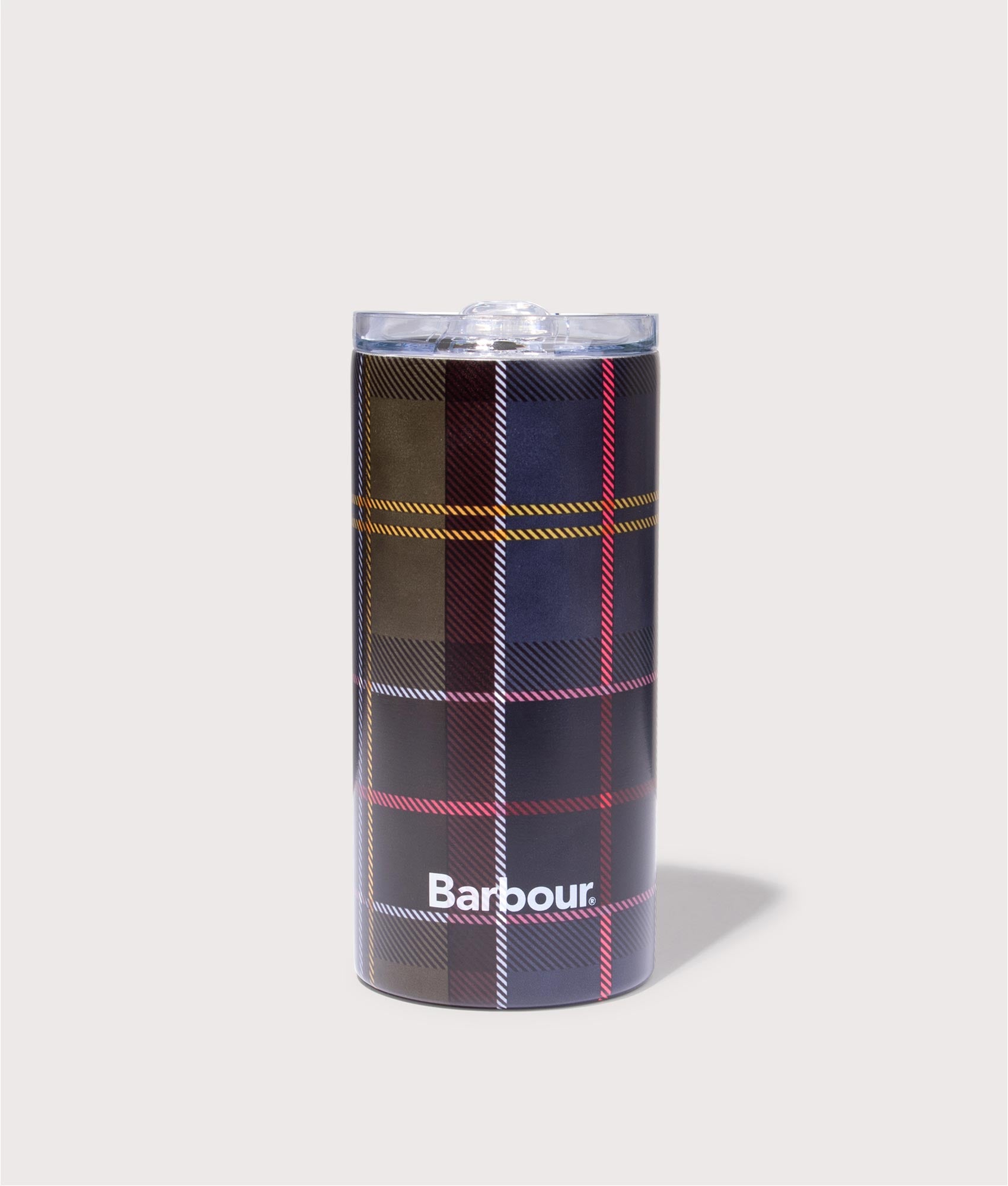 Tartan Travel Cup Mug by Barbour in Classic Tartan. Shot by EQVVS. Front shot.