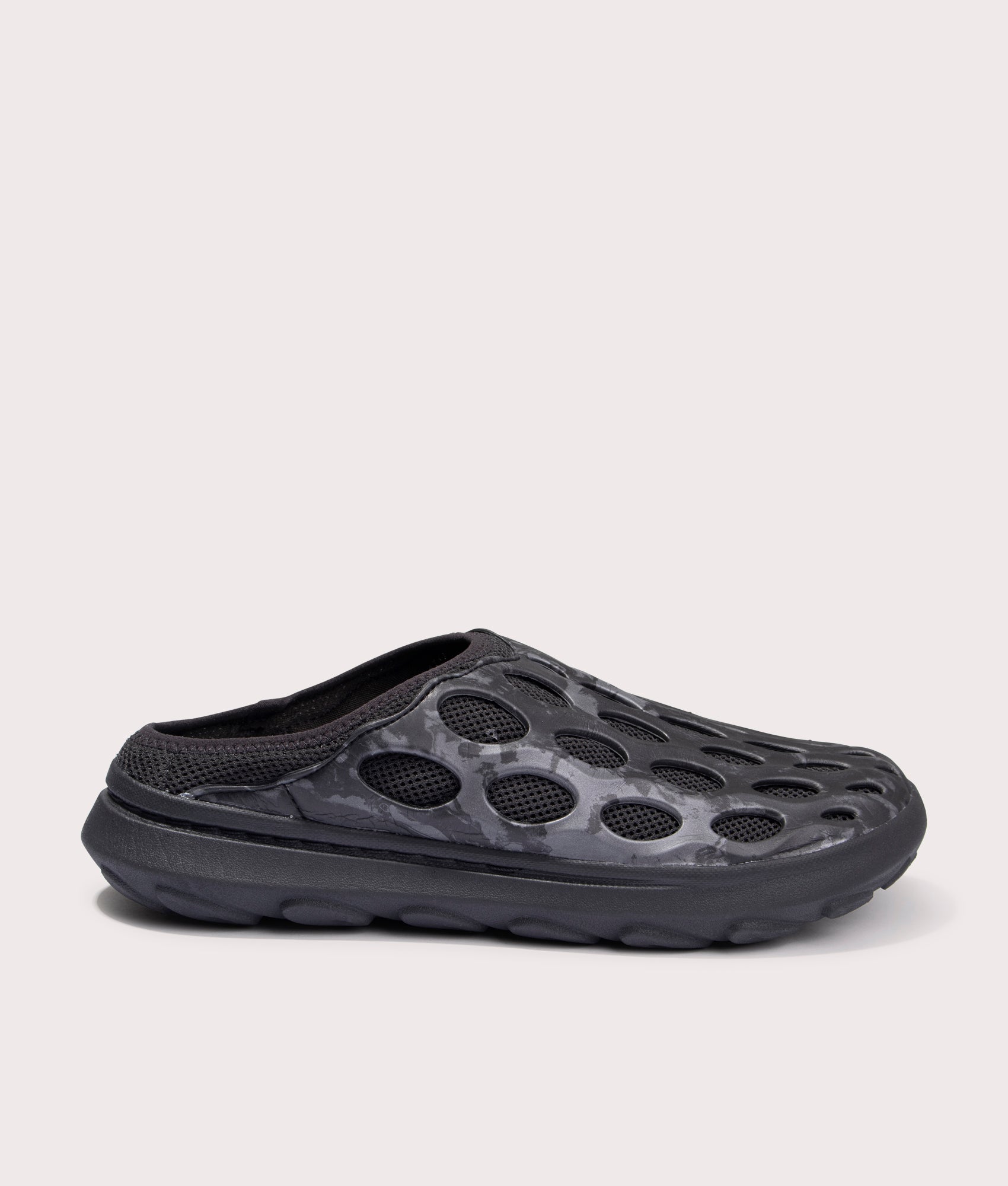 Hydro Mule SE in Black by Merrell. EQVVS side angle shot
