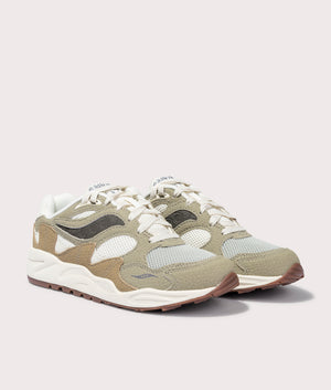 Grid Shadow 2 Sneakers in Sand and Sage by Saucony. EQVVS Side Pair Shot.