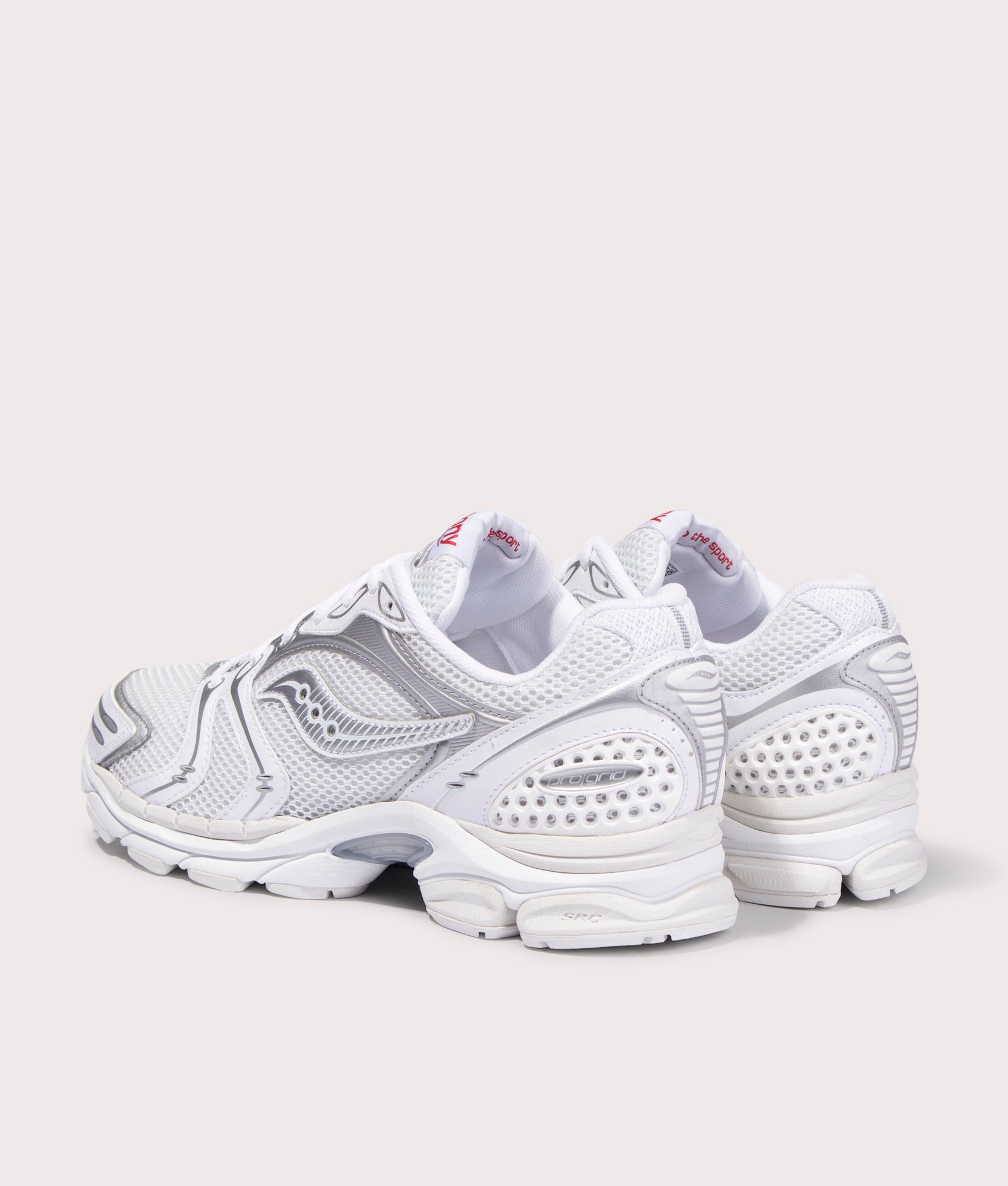 Saucony ProGrid Triumph 4 Sneakers White/Silver. Shot at EQVVS. Back shot. 
