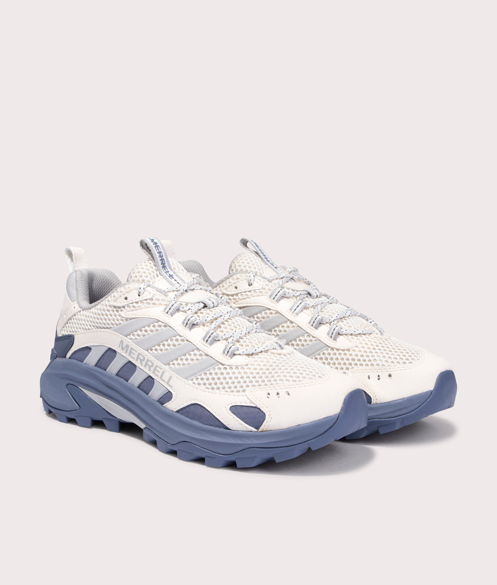Merrell Moab Speed 2 Vent 2K SE Trainers in White and Blue. EQVVS Angle Shot.