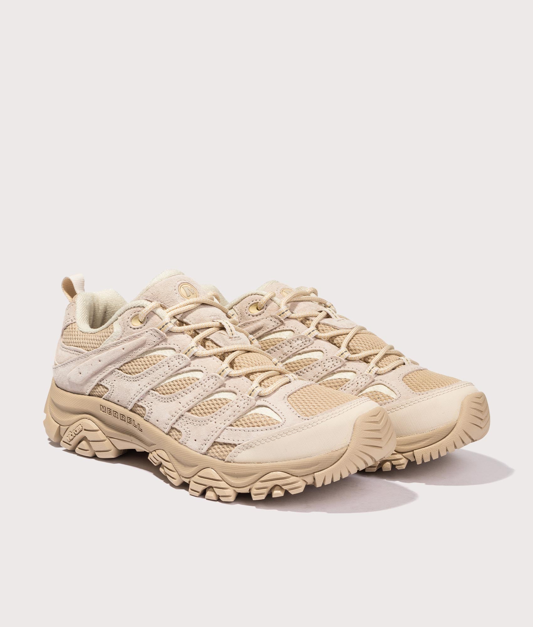 Merrell Moab 3 Trainers in Latte Brown and Paloma. EQVVS Angle Shot.