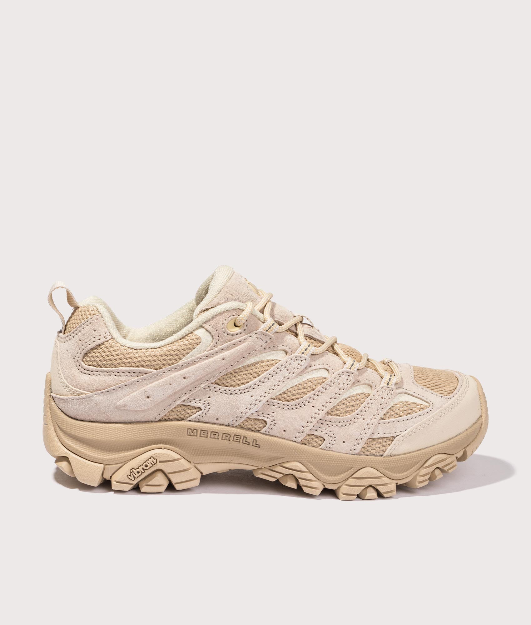 Merrell Moab 3 Trainers in Latte Brown and Paloma. EQVVS Side Shot.