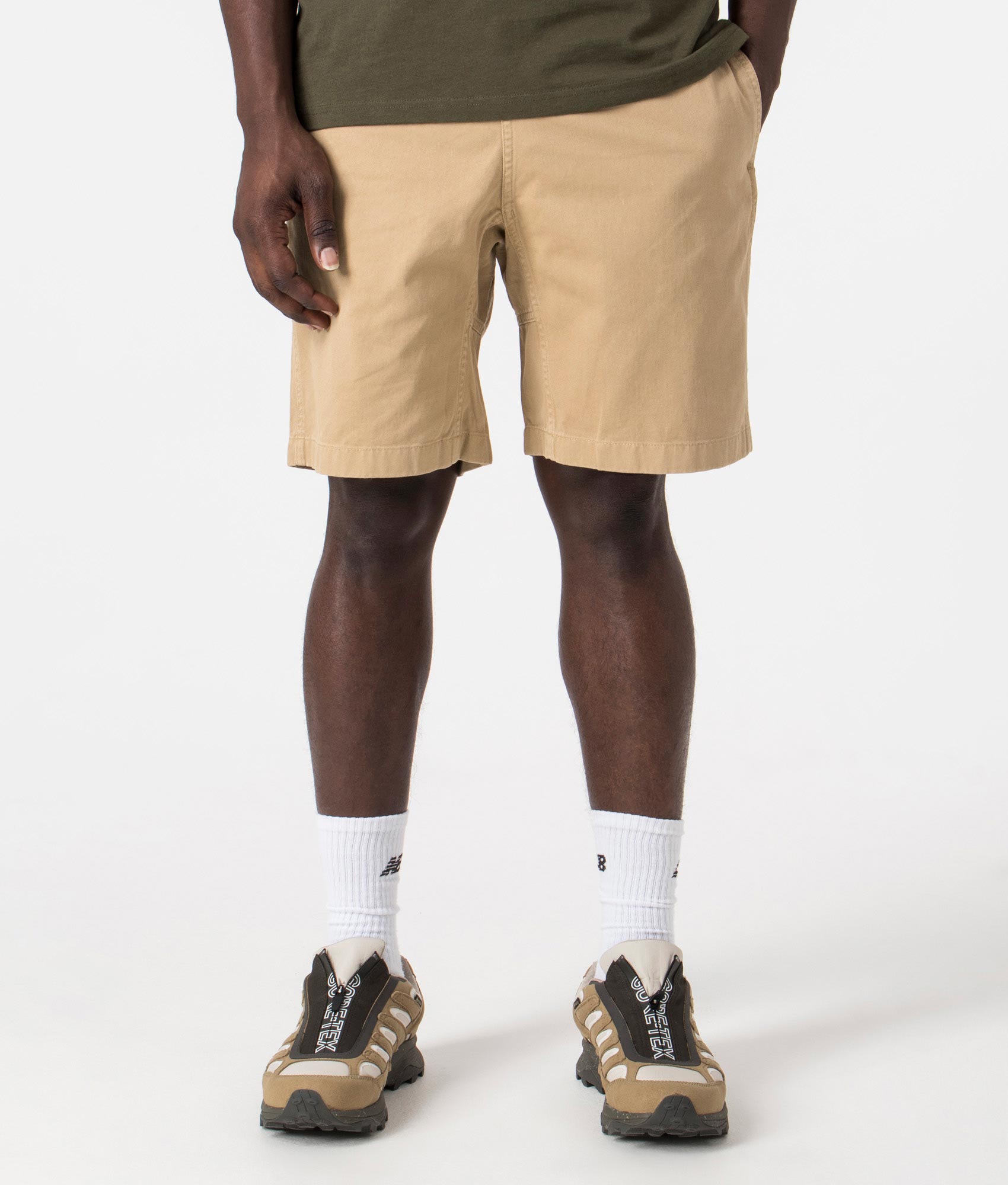 Gramicci G Shorts in Khaki shot at EQVVS. Front shot. 
