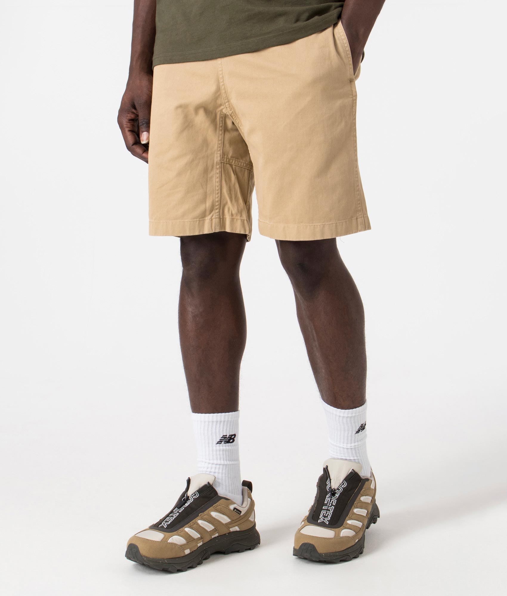 Gramicci G Shorts in Khaki shot at EQVVS. Angle shot. 