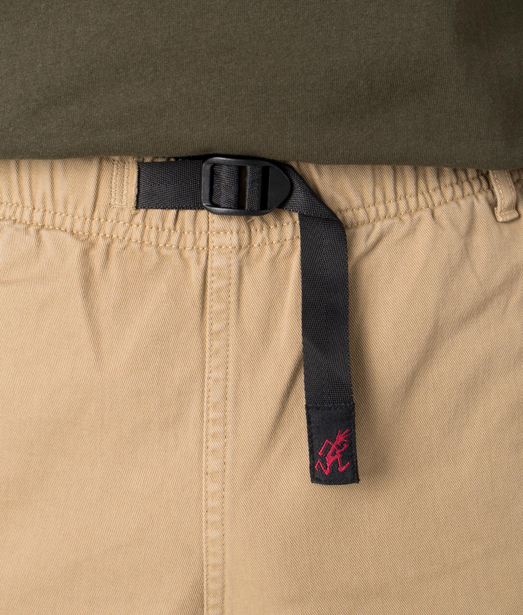 Gramicci G Shorts in Khaki shot at EQVVS. Belt detail. 