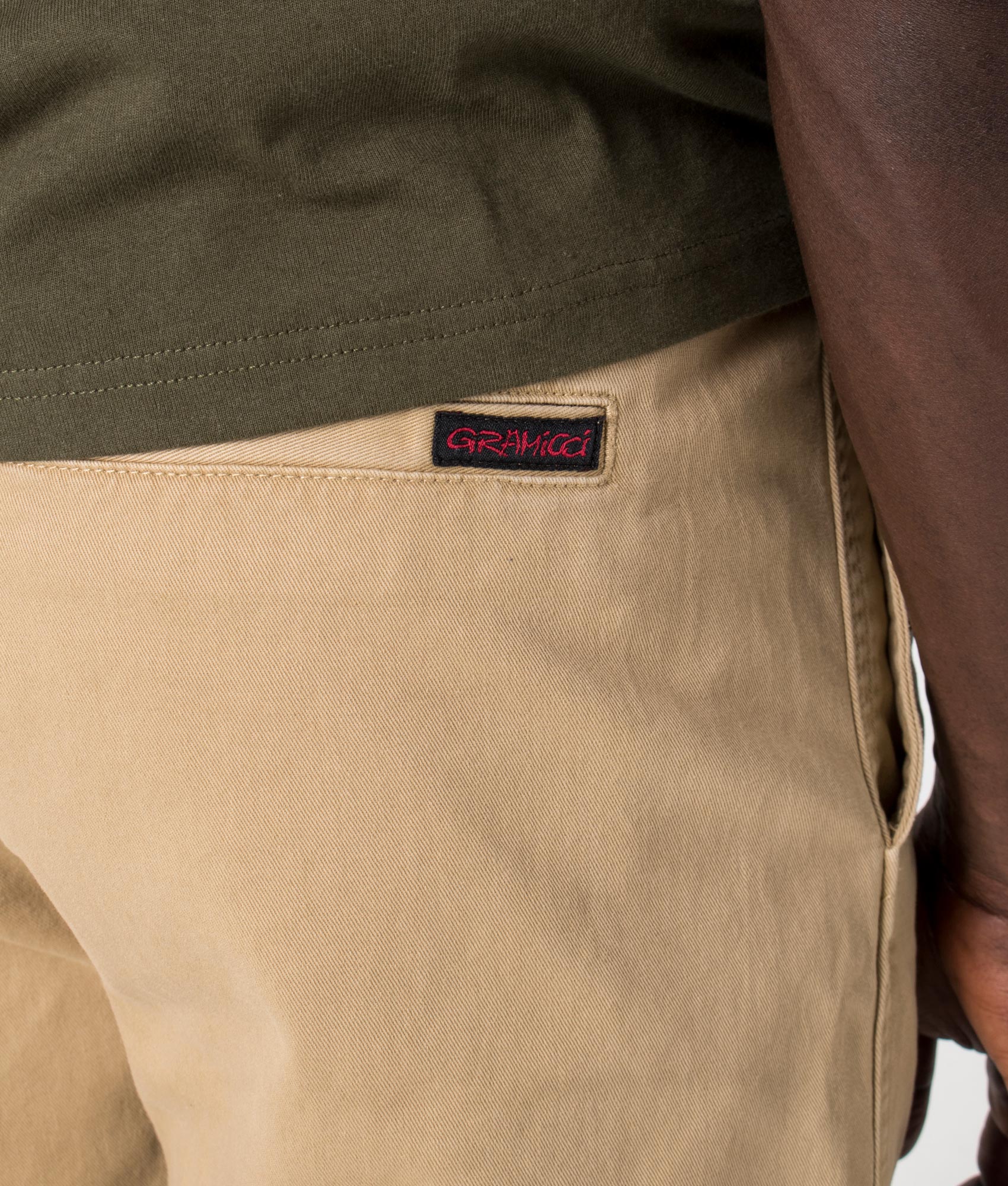 Gramicci G Shorts in Khaki shot at EQVVS. Reverse detail.