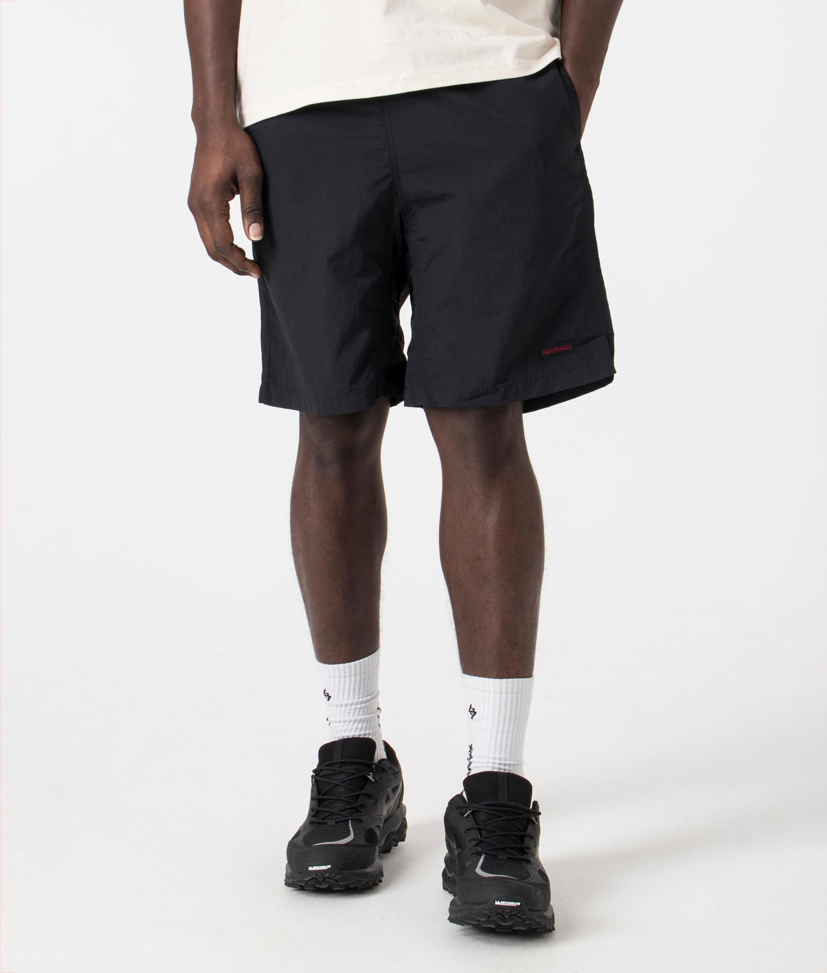 Gramicci Nylon Packable G-Shorts in Black. Front angle shot at EQVVS.