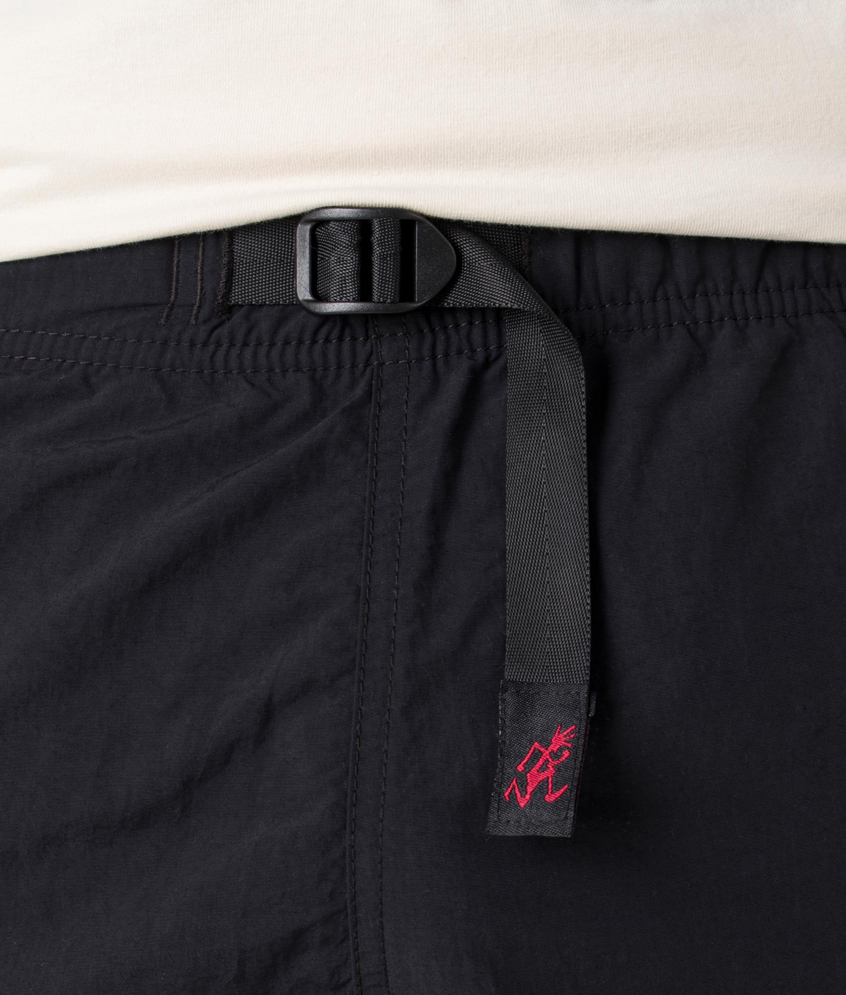Gramicci Nylon Packable G-Shorts in Black. Front detail shot at EQVVS.