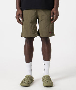 Gramicci Nylon Packable G-Shorts in Deep Olive. Front angle shot at EQVVS.