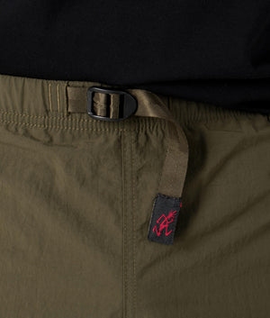 Gramicci Nylon Packable G-Shorts in Deep Olive. Front detail shot at EQVVS.