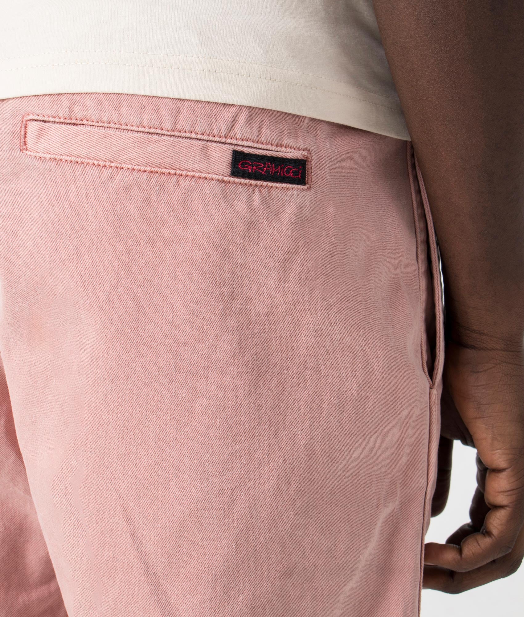 Gramicci Pigment Dyed G-Short in Coral. Back detail shot at EQVVS.