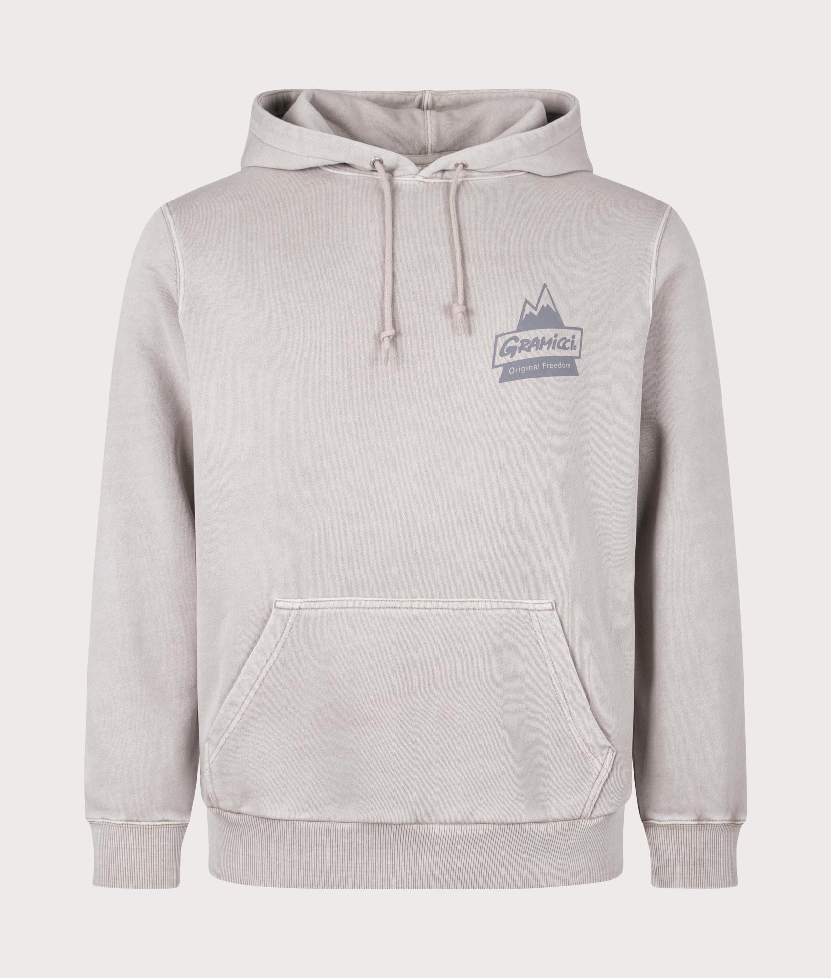 Gramicci Peak Hoodie in Oatmeal Pigment. Front angle shot at EQVVS.