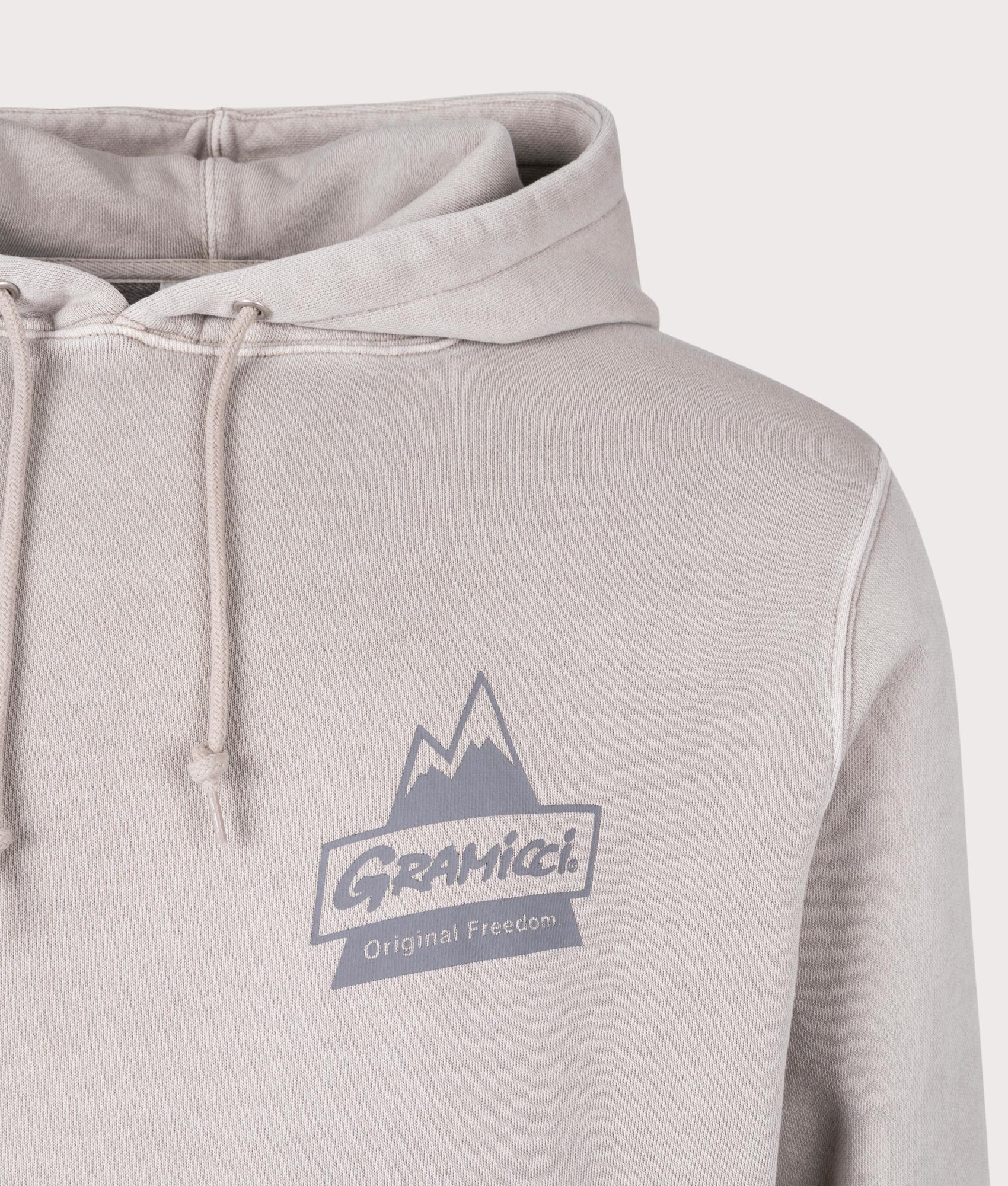 Gramicci Peak Hoodie in Oatmeal Pigment. Detail shot at EQVVS.