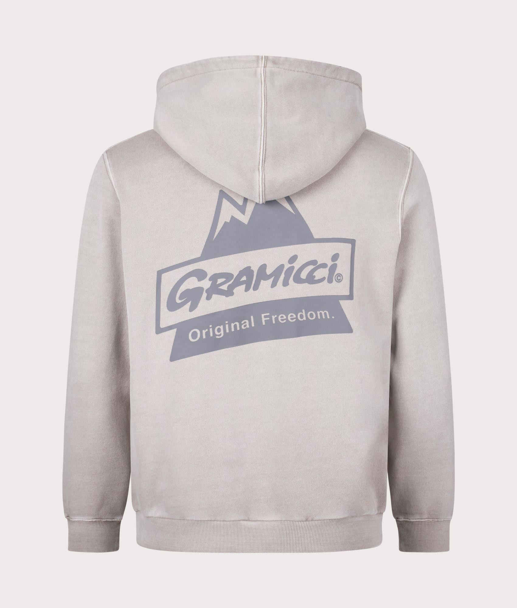 Gramicci Peak Hoodie in Oatmeal Pigment. Back angle shot at EQVVS.
