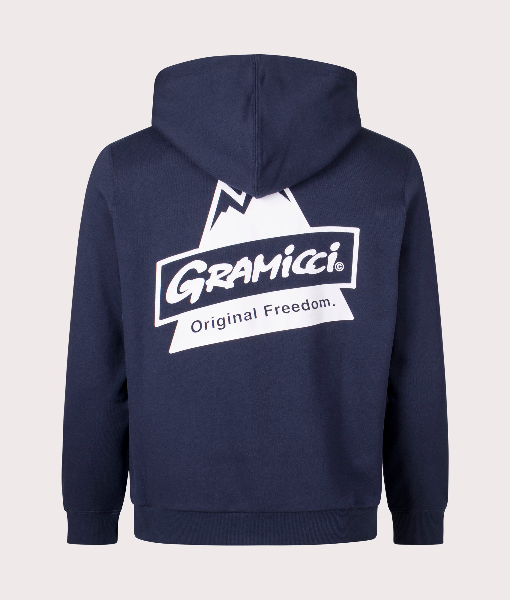 Gramicci Peak Hoodie in navy. Back angle shot at EQVVS.