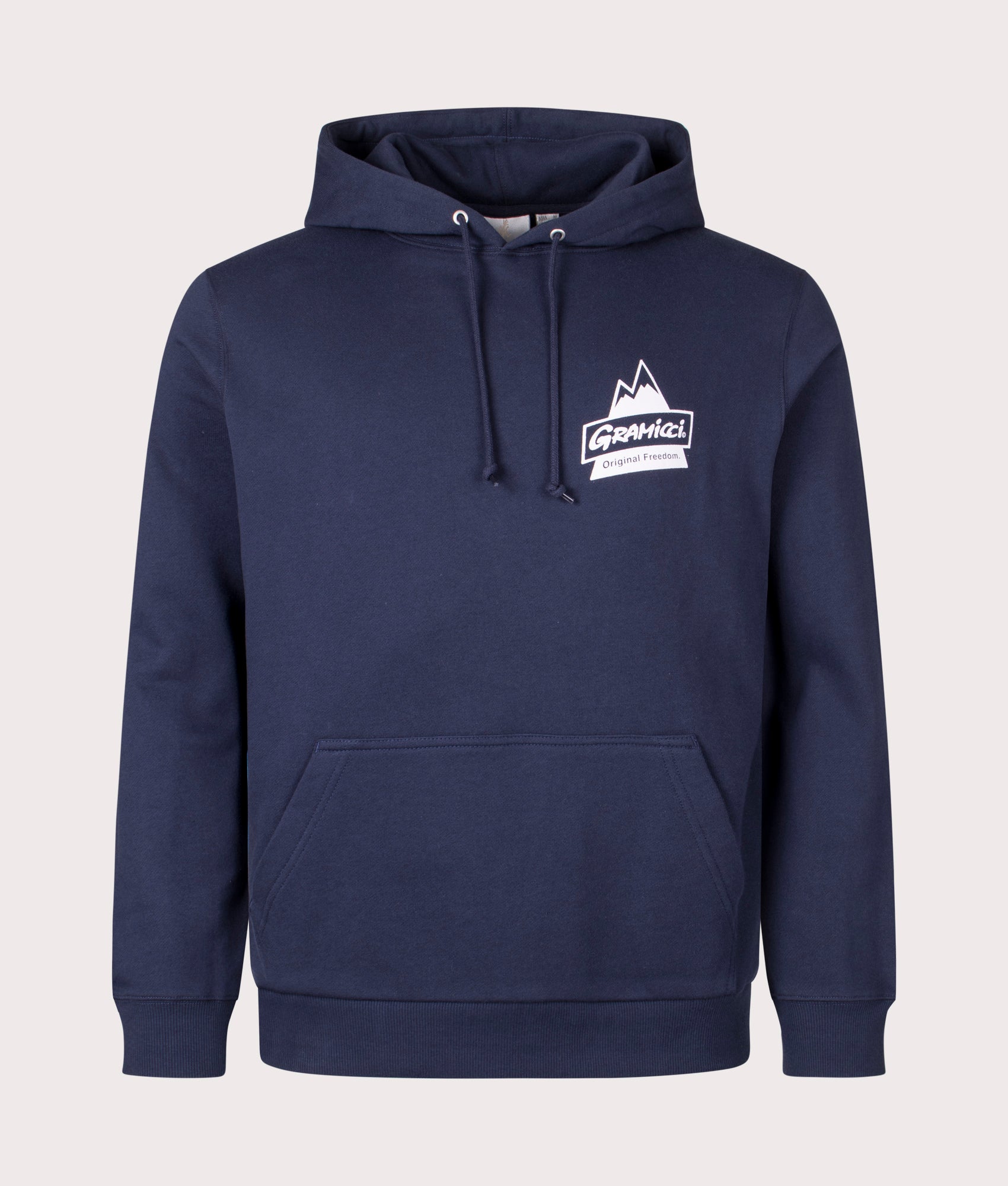 Gramicci Peak Hoodie in navy. Front angle shot at EQVVS.