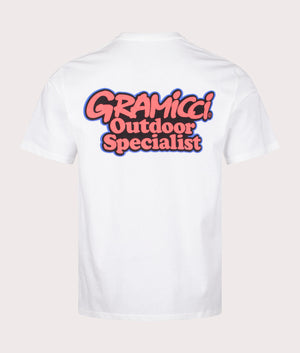 Gramicci Outdoor Specialist T-Shirt in White. Back angle shot at EQVVS.