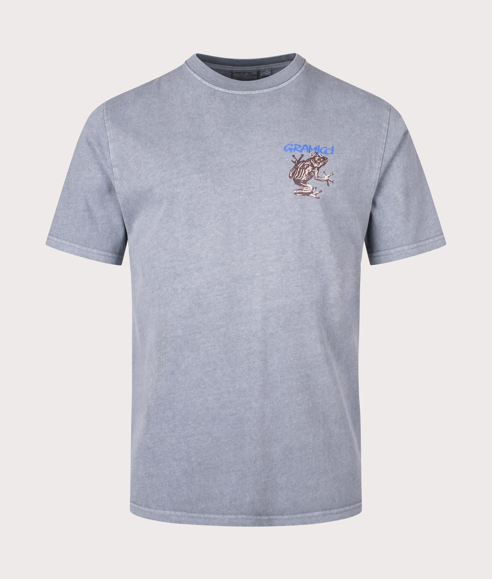 Gramicci Sticky frog T-Shirt in Slate Pigment. Front angle shot at EQVVS.