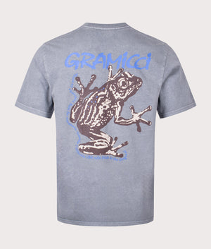 Gramicci Sticky frog T-Shirt in Slate Pigment. Back angle shot at EQVVS.