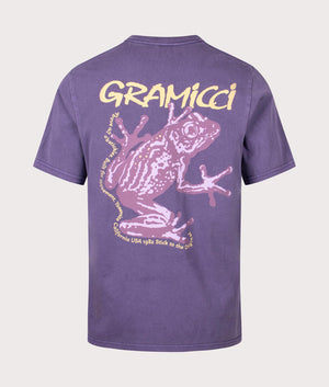 Gramicci Sticky Frog T-Shirt in Purple Pigment. Back angle shot at EQVVS.
