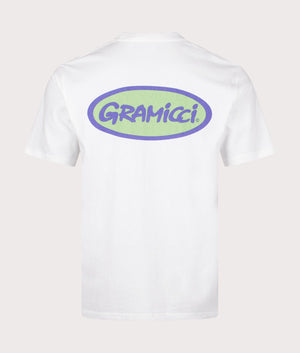 Gramicci Oval T-Shirt in White. Back angle shot at EQVVS.