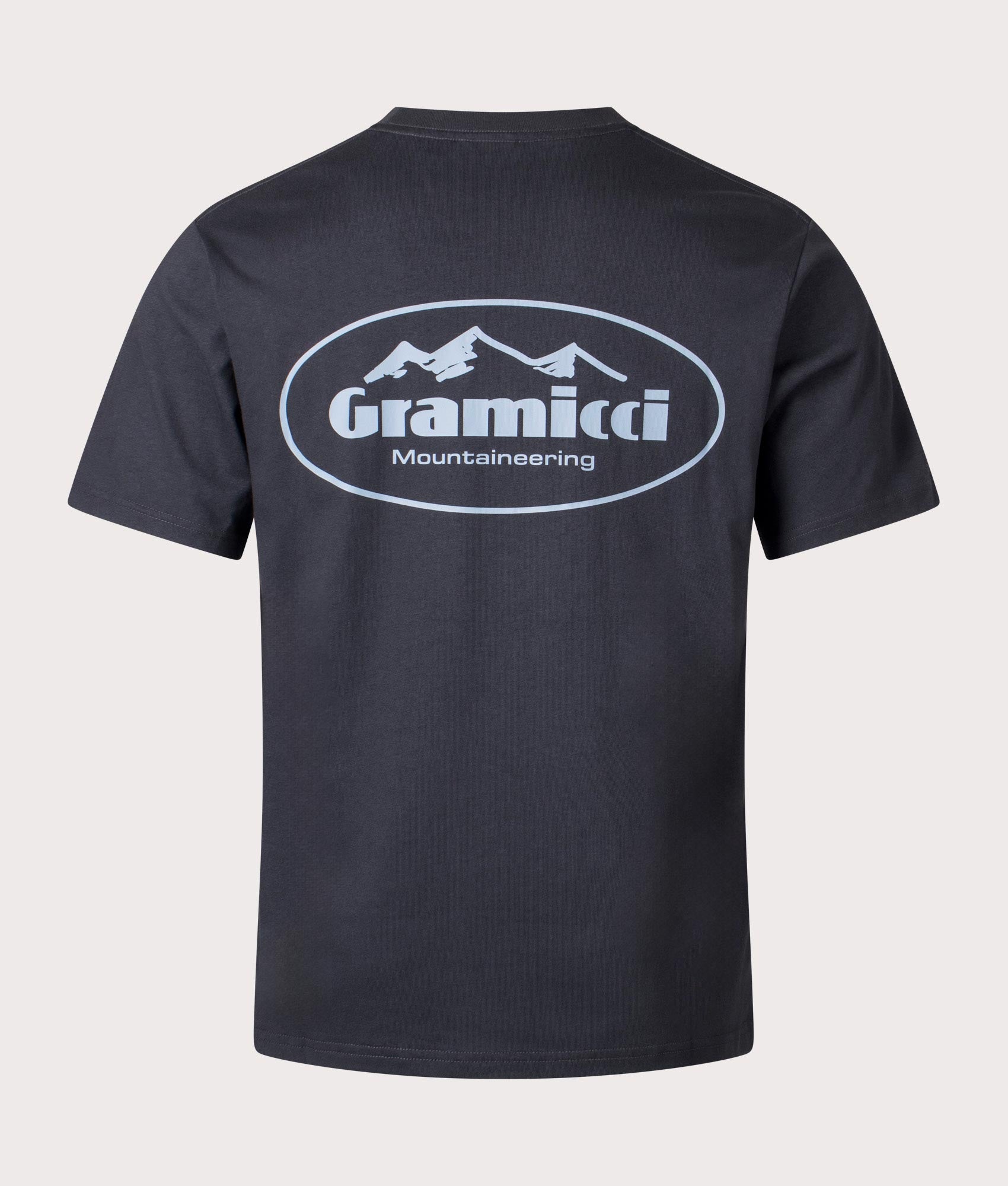 Gramicci Mountaineering T-shirt in Vintage black with front and back graphics, 100% organic cotton at EQVVS menswear. Back shot. 