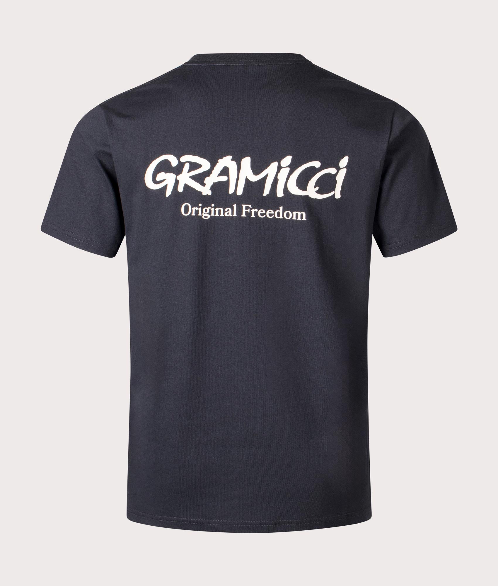 Gramicci Original Freedom T-shirt in Vintage black with front and back graphics, 100% organic cotton at EQVVS menswear. Back shot. 